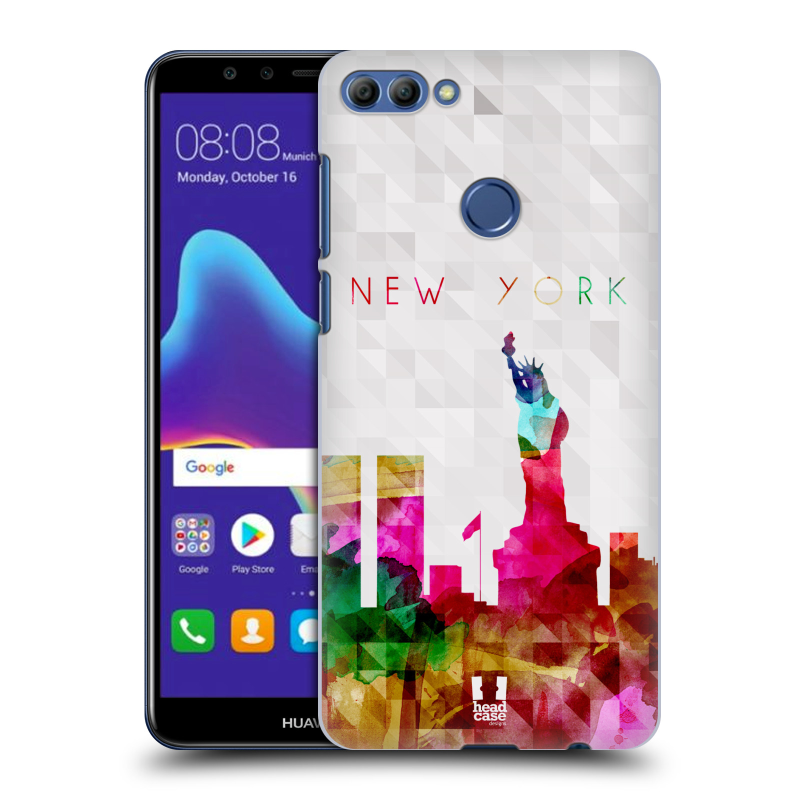 HEAD CASE plastový obal na mobil Huawei Y9 2018 vzor Vodní barva města silueta NEW YORK USA SOCHA SVOBODY