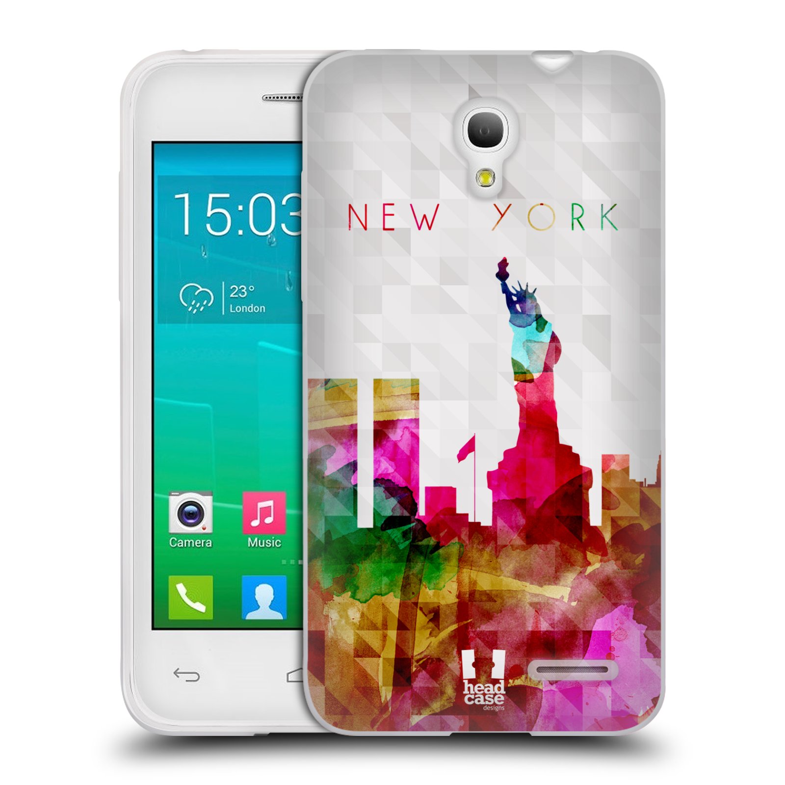 HEAD CASE silikonový obal na mobil Alcatel POP S3 OT-5050Y vzor Vodní barva města silueta NEW YORK USA SOCHA SVOBODY