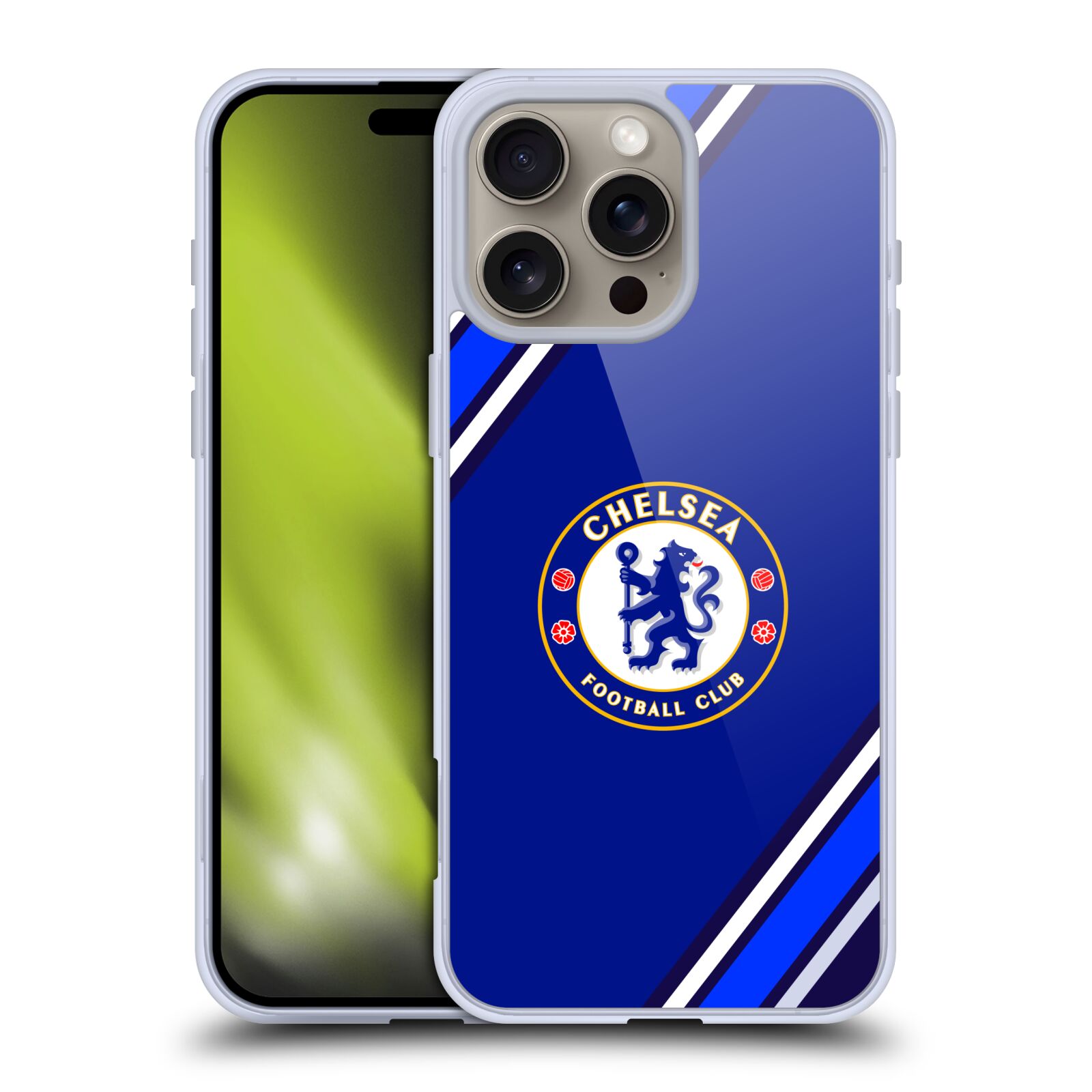 Silikonové lesklé pouzdro Apple iPhone 16 Pro Max - Chelsea Football Club Crest Stripes (Lesklý silikonový kryt, obal, pouzdro na mobilní telefon Apple iPhone 16 Pro Max s licencovaným motivem Chelsea Football Club Crest Stripes)