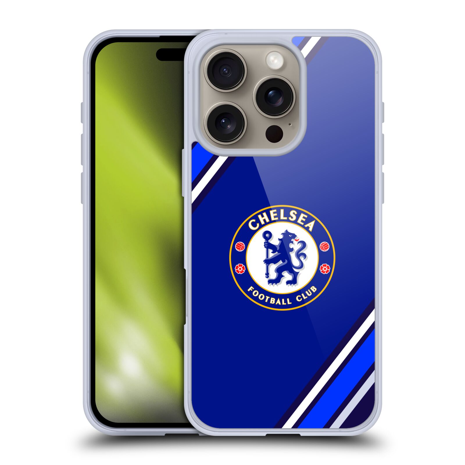 Silikonové lesklé pouzdro Apple iPhone 16 Pro - Chelsea Football Club Crest Stripes (Lesklý silikonový kryt, obal, pouzdro na mobilní telefon Apple iPhone 16 Pro s licencovaným motivem Chelsea Football Club Crest Stripes)