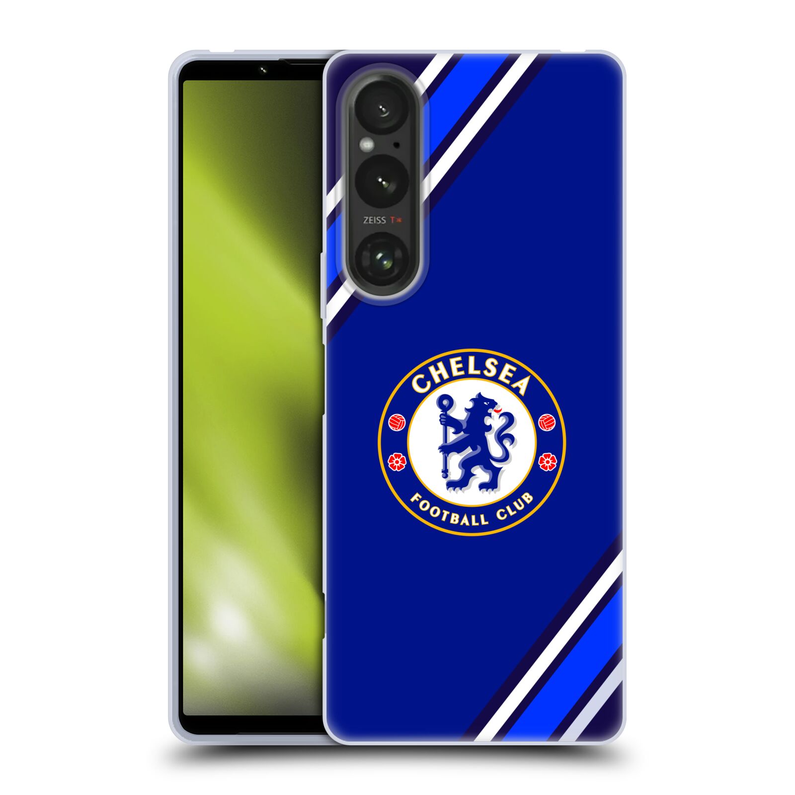 Silikonové pouzdro - Sony Xperia 1 V - Chelsea Football Club Crest Stripes (Silikonový kryt, obal, pouzdro na mobilní telefon Sony Xperia 1 V s licencovaným motivem Chelsea Football Club Crest Stripes)