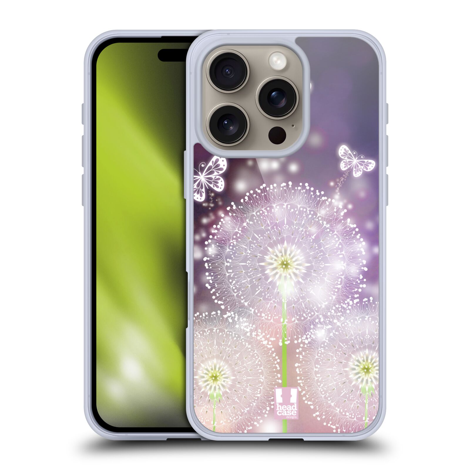 Silikonové lesklé pouzdro Apple iPhone 16 Pro - Head Case - Pampelišky a Motýlci (Lesklý silikonový kryt, obal, pouzdro na mobilní telefon Apple iPhone 16 Pro s motivem Pampelišky a Motýlci)