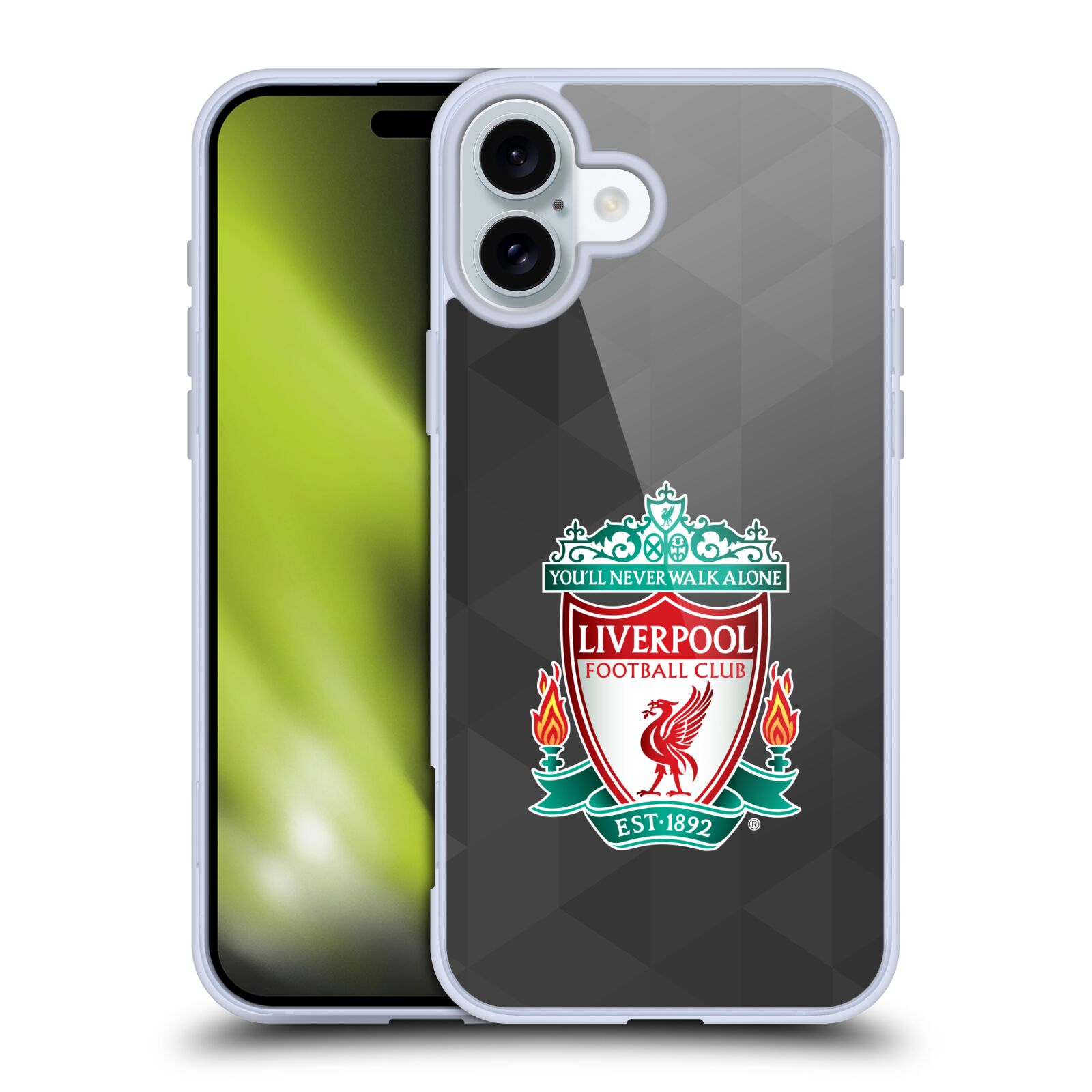 Silikonové lesklé pouzdro Apple iPhone 16 Plus - Head Case - ZNAK LIVERPOOL FC OFFICIAL GEOMETRIC BLACK (Lesklý silikonový kryt, obal, pouzdro na mobilní telefon Apple iPhone 16 Plus s motivem ZNAK LIVERPOOL FC OFFICIAL GEOMETRIC BLACK)