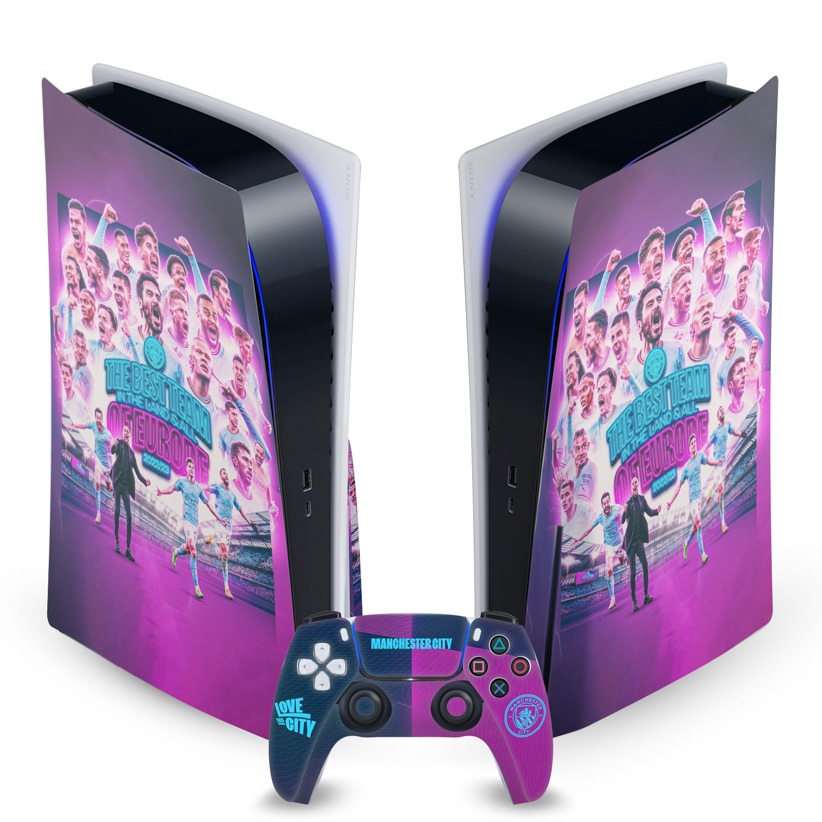 MAN CITY FC 2023 CHAMPIONS OF EUROPE VINYL SKIN FOR SONY PS5 DISC EDITION BUNDLE