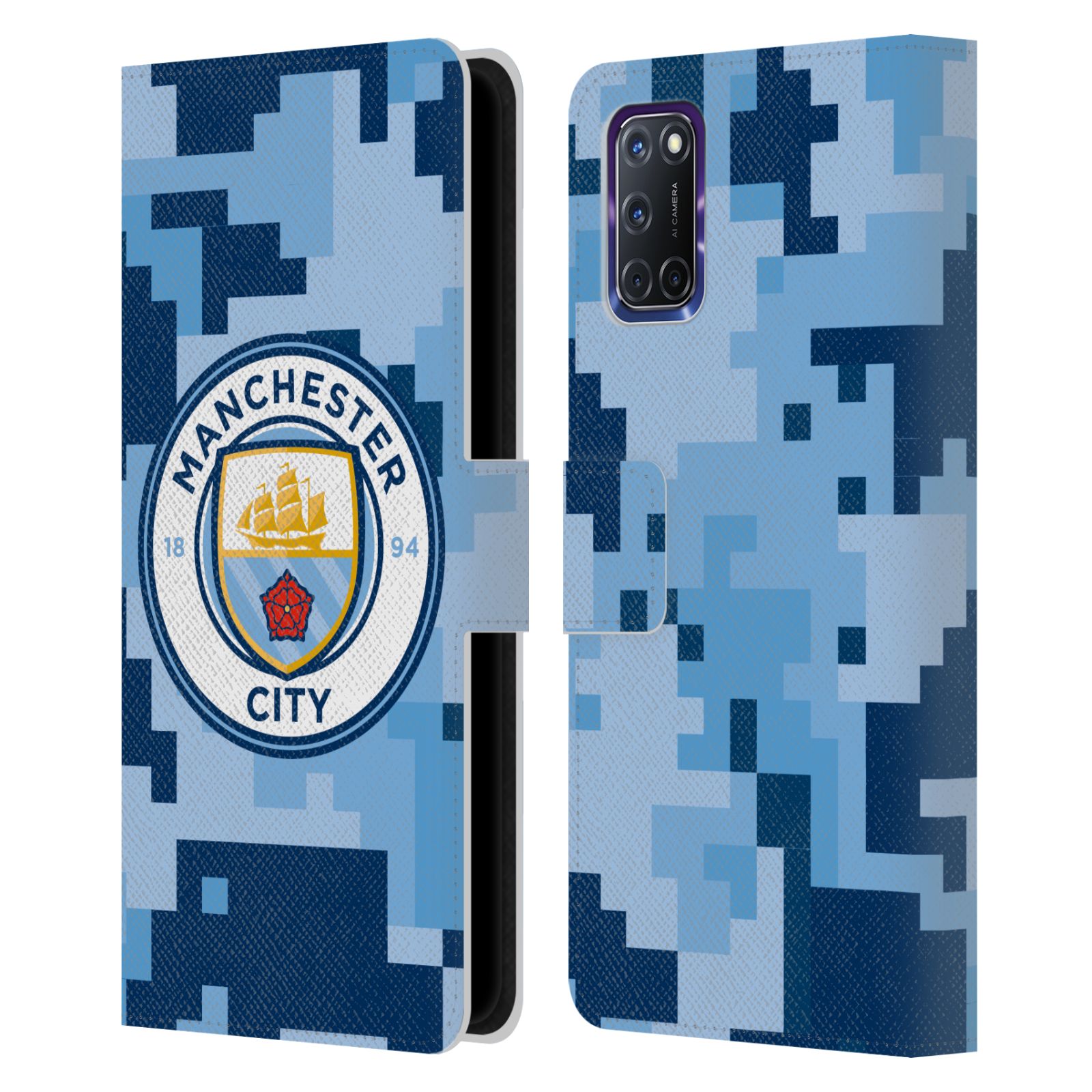 MANCHESTER CITY MAN CITY FC DIGITAL CAMOUFLAGE LEATHER BOOK CASE FOR OPPO PHONES