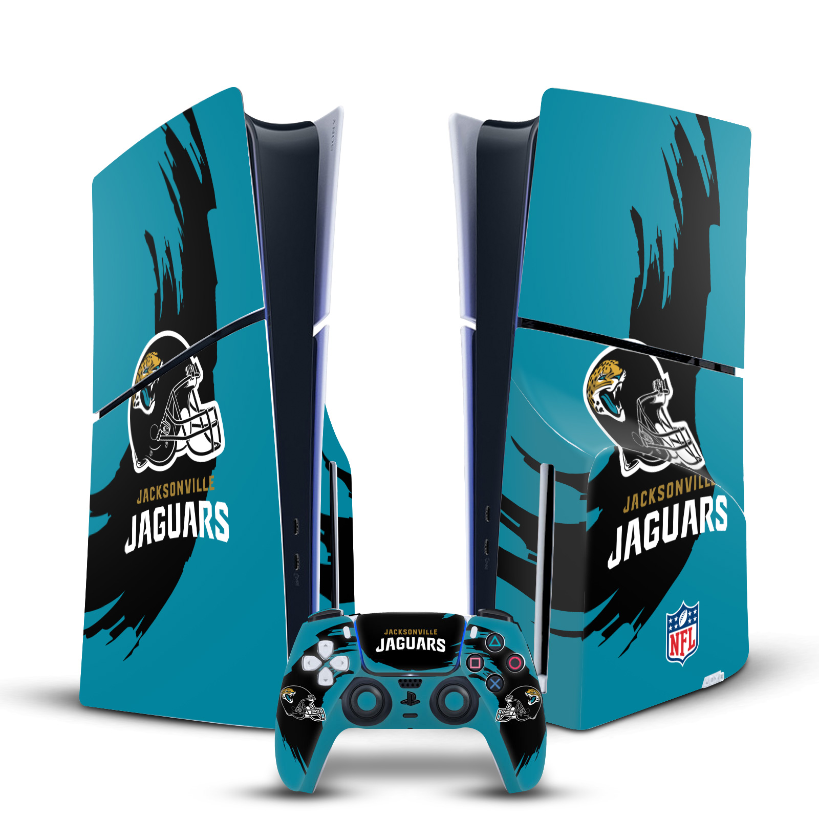 NFL JACKSONVILLE JAGUARS VINYL SKIN DECAL FOR PS5 SLIM DISC CONSOLE & CONTROLLER