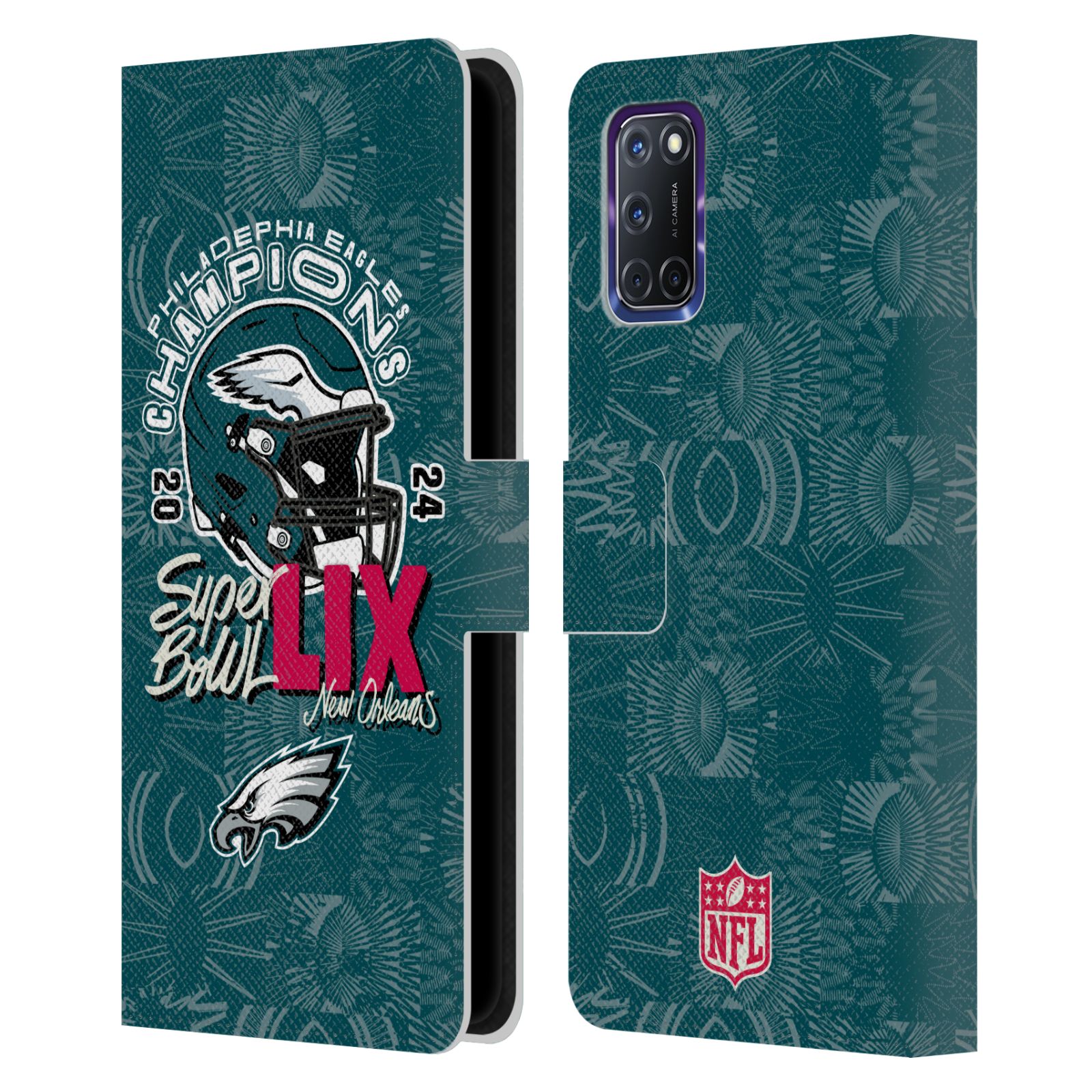 NFL MEISTER DES SUPER BOWL LIX 2025 BRIEFTASCHE HUELLE AUS LEDER FÜR OPPO HANDYS - Bild 10 von 10