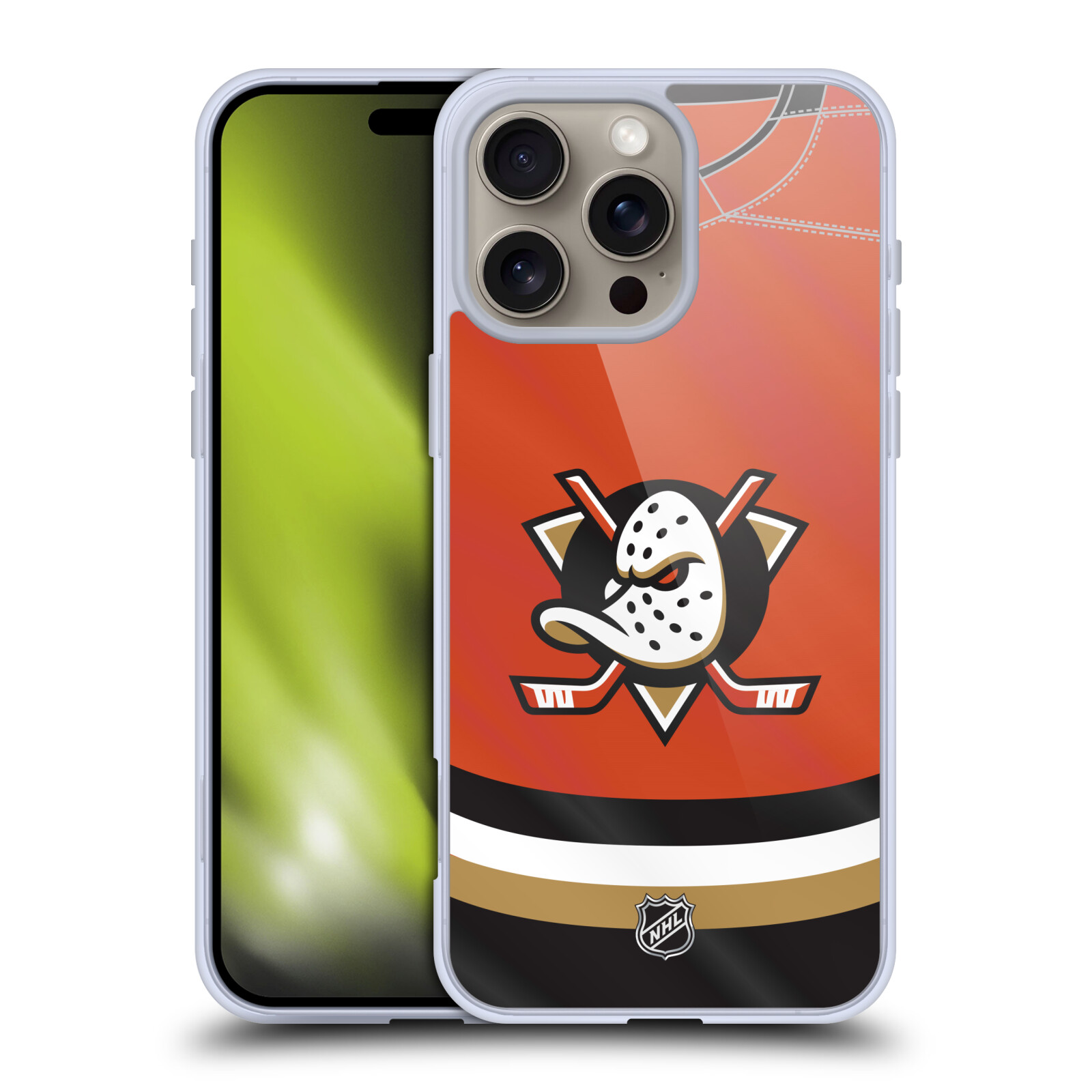 Silikonové lesklé pouzdro Apple iPhone 16 Pro Max - NHL - Dres Anaheim Ducks (Lesklý silikonový kryt, obal, pouzdro na mobilní telefon Apple iPhone 16 Pro Max s licencovaným motivem NHL - Dres Anaheim Ducks)