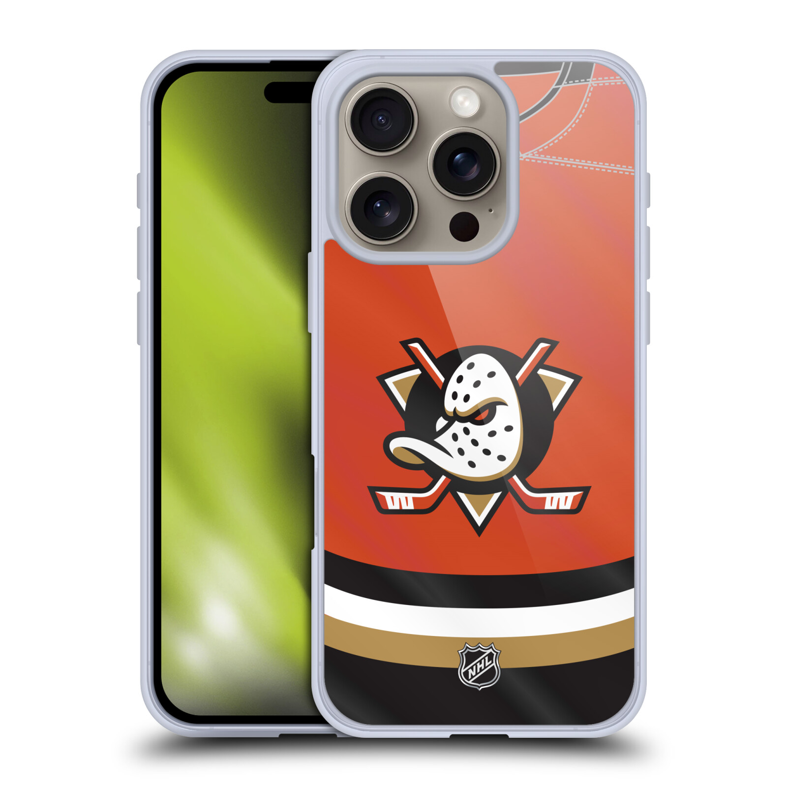 Silikonové lesklé pouzdro Apple iPhone 16 Pro - NHL - Dres Anaheim Ducks (Lesklý silikonový kryt, obal, pouzdro na mobilní telefon Apple iPhone 16 Pro s licencovaným motivem NHL - Dres Anaheim Ducks)