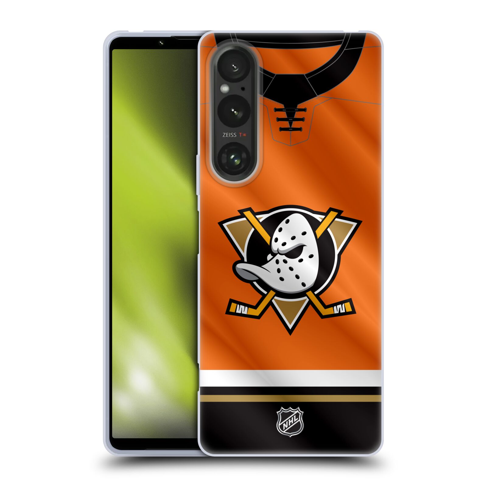 Silikonové pouzdro na mobil Sony Xperia 1 V - NHL - Dres Anaheim Ducks (Silikonový kryt, obal, pouzdro na mobilní telefon Sony Xperia 1 V s licencovaným motivem NHL - Dres Anaheim Ducks)