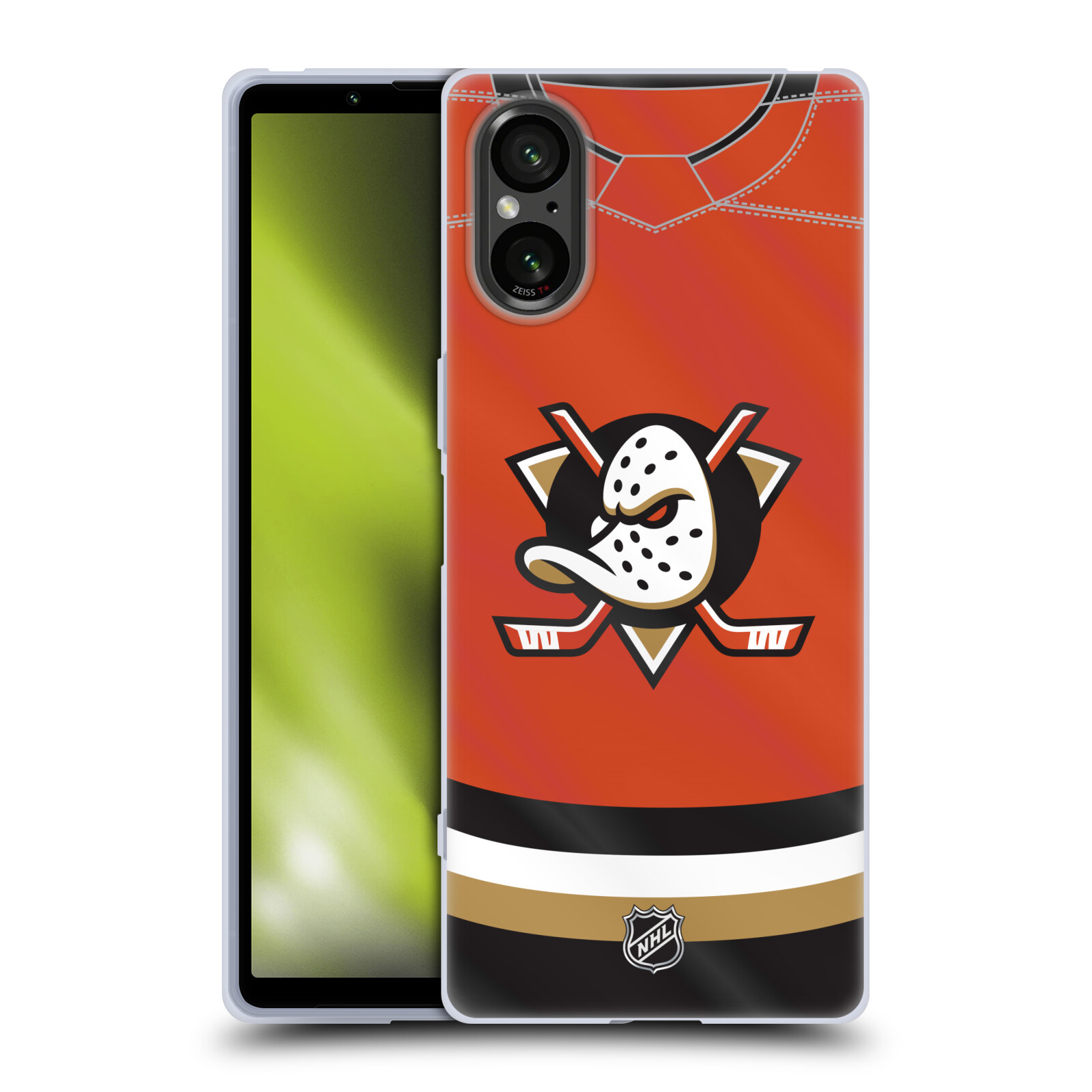 Silikonové pouzdro - Sony Xperia 5 V - NHL - Dres Anaheim Ducks (Silikonový kryt, obal, pouzdro na mobilní telefon Sony Xperia 5 V s licencovaným motivem NHL - Dres Anaheim Ducks)