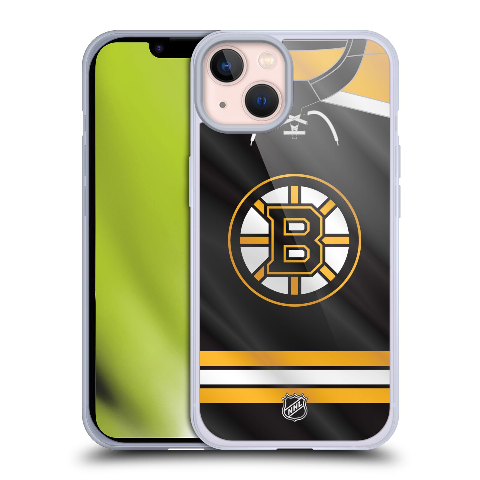 Silikonové pouzdro na mobil Apple iPhone 13 - NHL - Dres Boston Bruins - AKCE (Silikonový kryt, obal, pouzdro na mobilní telefon Apple iPhone 13 s licencovaným motivem NHL - Dres Boston Bruins)