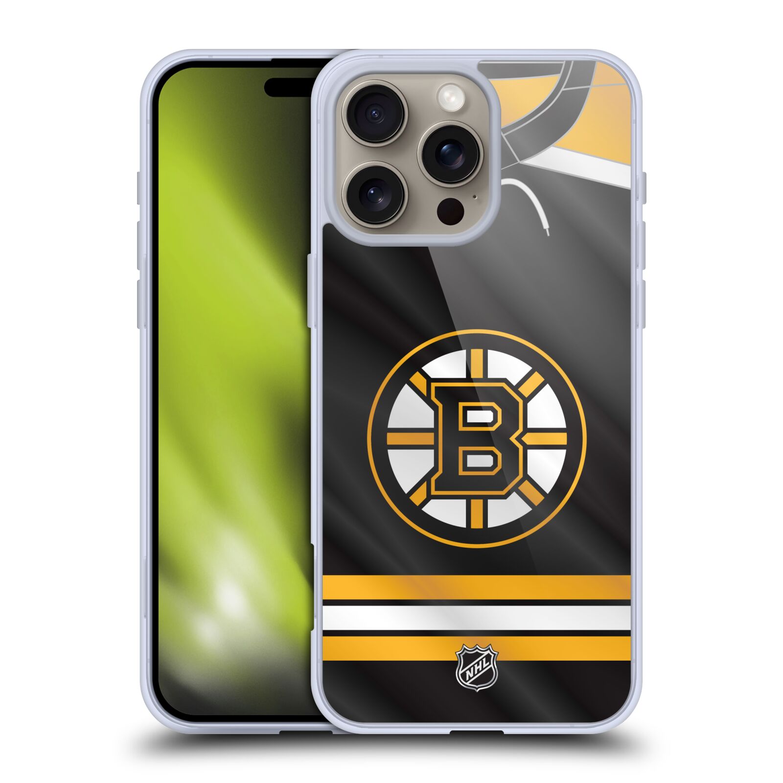 Silikonové lesklé pouzdro Apple iPhone 16 Pro Max - NHL - Dres Boston Bruins (Lesklý silikonový kryt, obal, pouzdro na mobilní telefon Apple iPhone 16 Pro Max s licencovaným motivem NHL - Dres Boston Bruins)