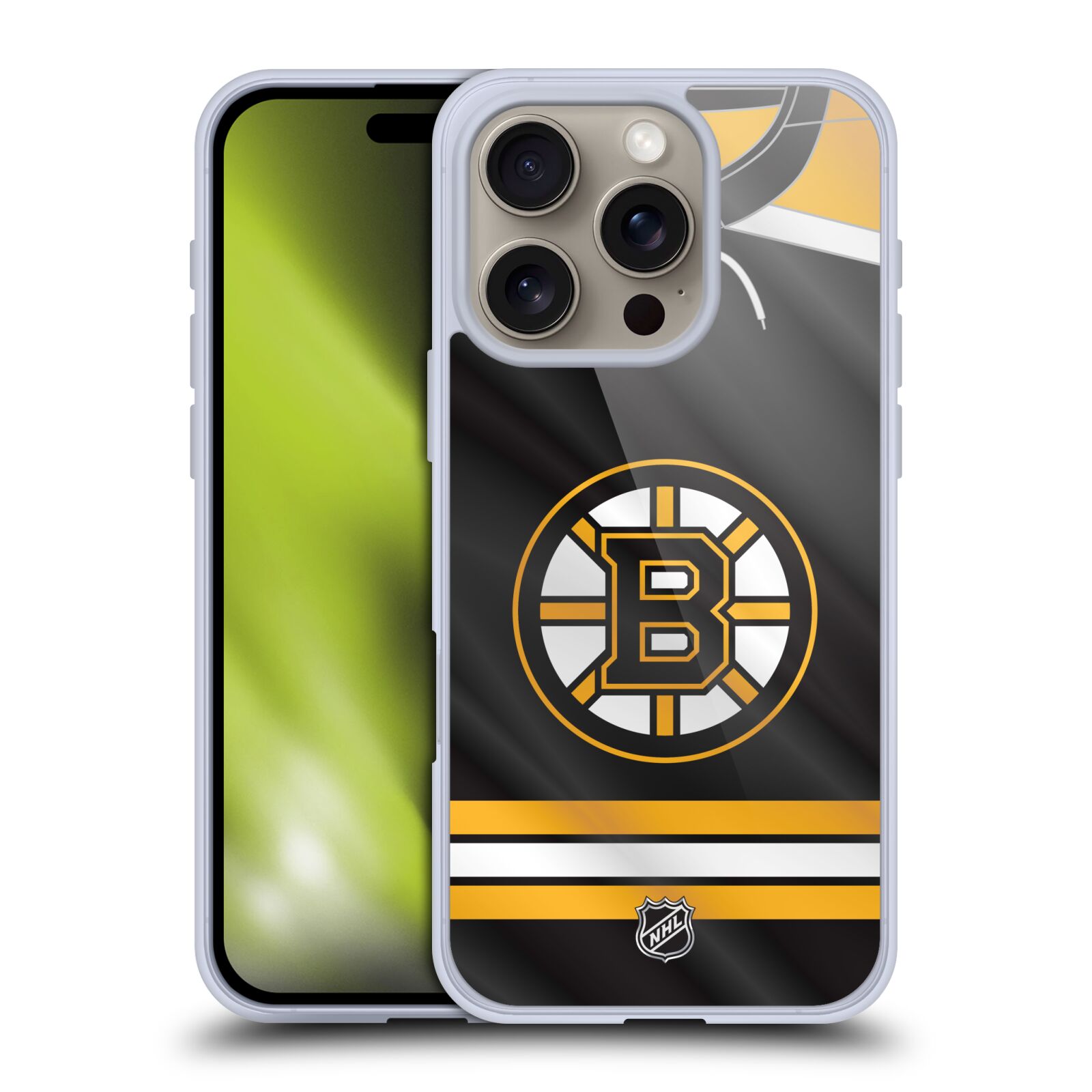 Silikonové lesklé pouzdro Apple iPhone 16 Pro - NHL - Dres Boston Bruins (Lesklý silikonový kryt, obal, pouzdro na mobilní telefon Apple iPhone 16 Pro s licencovaným motivem NHL - Dres Boston Bruins)