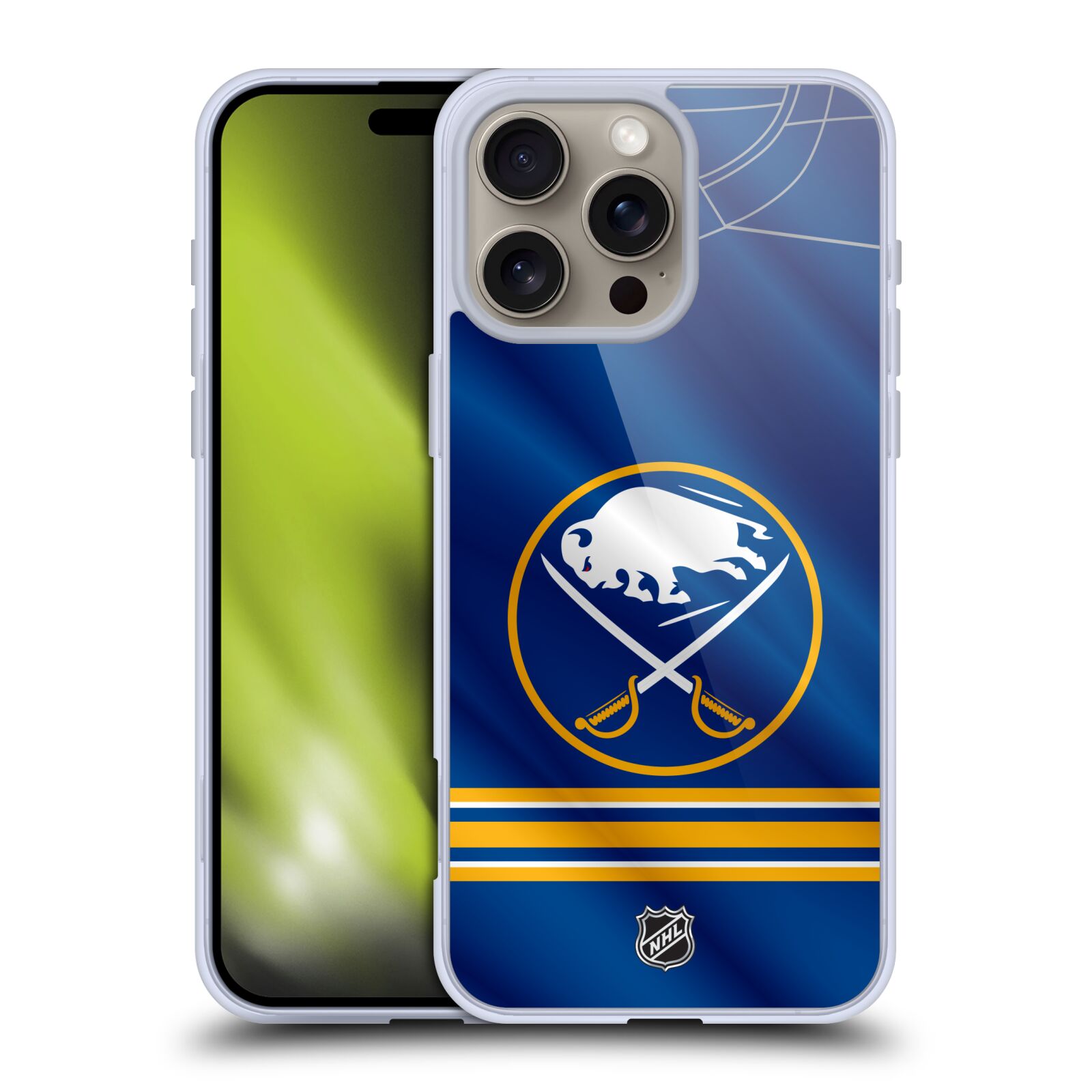 Silikonové lesklé pouzdro Apple iPhone 16 Pro Max - NHL - Dres Buffalo Sabres (Lesklý silikonový kryt, obal, pouzdro na mobilní telefon Apple iPhone 16 Pro Max s licencovaným motivem NHL - Dres Buffalo Sabres)