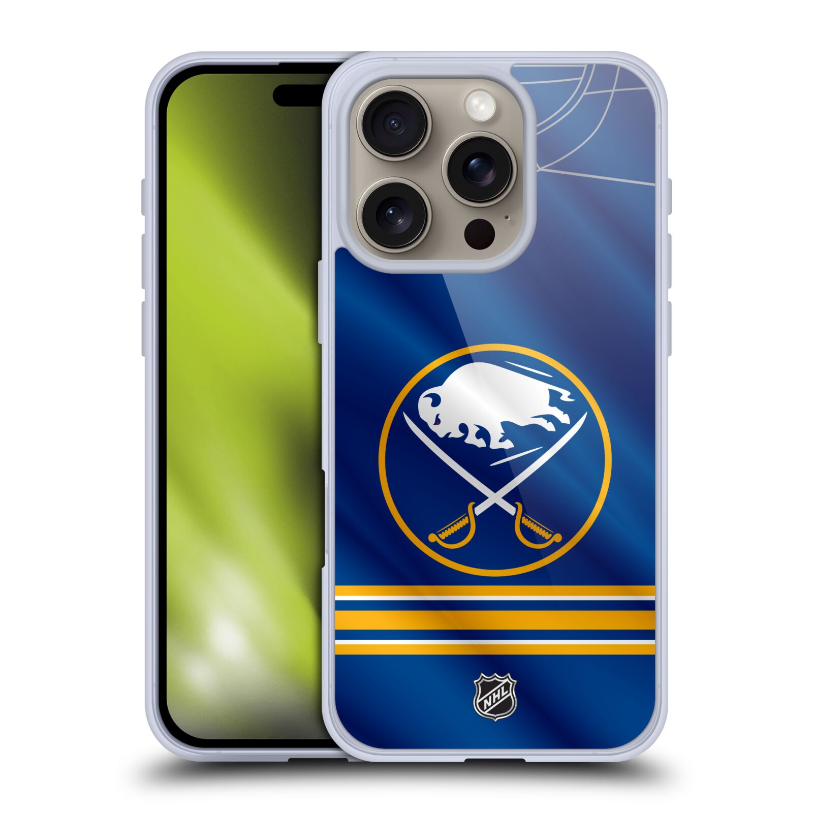 Silikonové lesklé pouzdro Apple iPhone 16 Pro - NHL - Dres Buffalo Sabres (Lesklý silikonový kryt, obal, pouzdro na mobilní telefon Apple iPhone 16 Pro s licencovaným motivem NHL - Dres Buffalo Sabres)