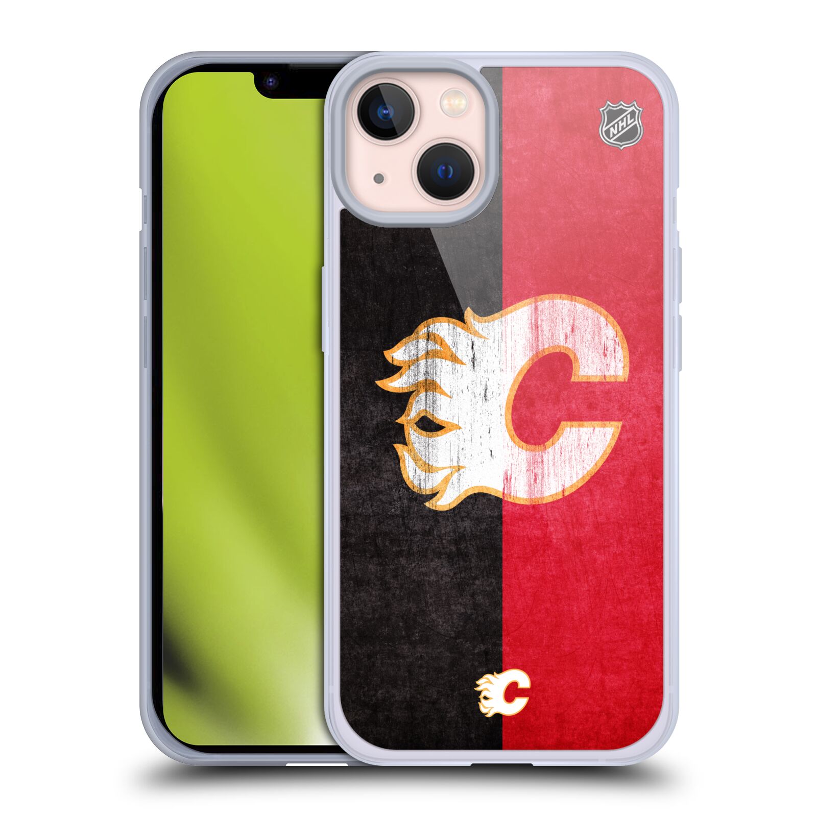 Silikonové pouzdro na mobil Apple iPhone 13 - NHL - Půlené logo Calgary Flames (Silikonový kryt, obal, pouzdro na mobilní telefon Apple iPhone 13 s licencovaným motivem NHL - Půlené logo Calgary Flames)
