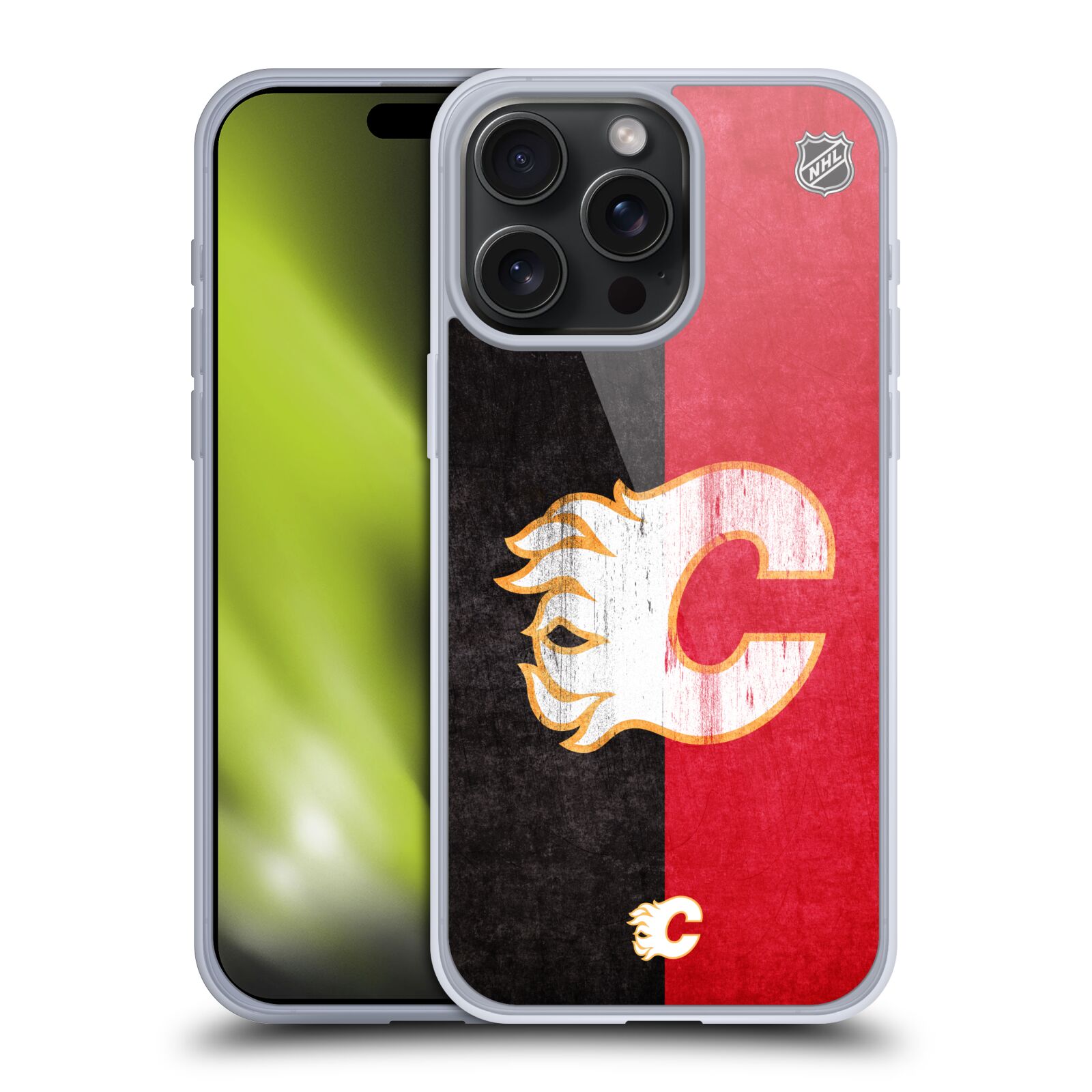 Silikonové lesklé pouzdro na mobil Apple iPhone 15 Pro Max - NHL - Půlené logo Calgary Flames (Silikonový lesklý kryt, obal, pouzdro na mobilní telefon Apple iPhone 15 Pro Max s licencovaným motivem NHL - Půlené logo Calgary Flames)