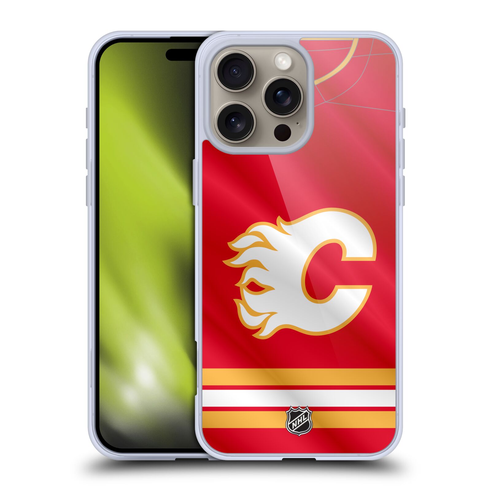 Silikonové lesklé pouzdro Apple iPhone 16 Pro Max - NHL - Dres Calgary Flames (Lesklý silikonový kryt, obal, pouzdro na mobilní telefon Apple iPhone 16 Pro Max s licencovaným motivem NHL - Dres Calgary Flames)