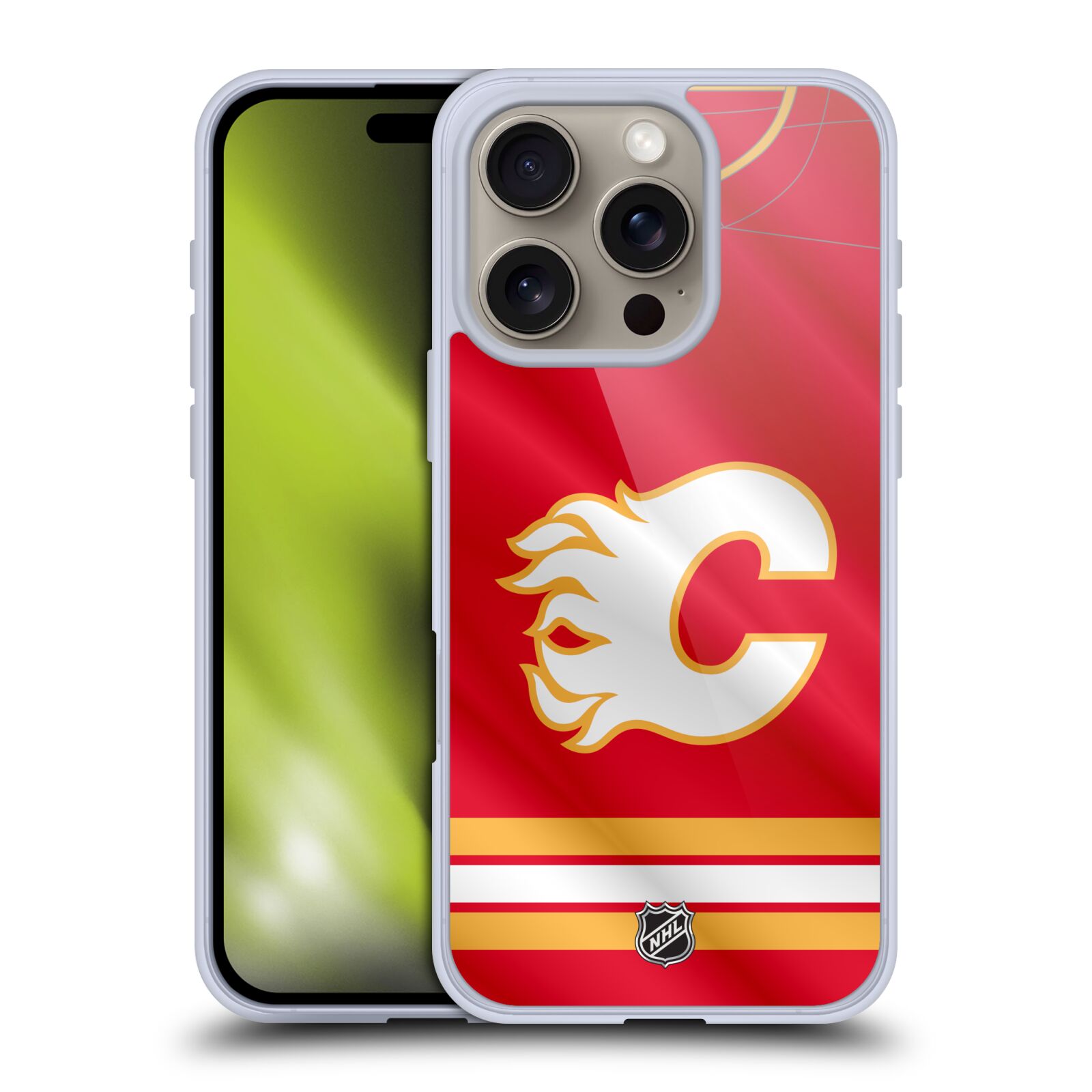 Silikonové lesklé pouzdro Apple iPhone 16 Pro - NHL - Dres Calgary Flames (Lesklý silikonový kryt, obal, pouzdro na mobilní telefon Apple iPhone 16 Pro s licencovaným motivem NHL - Dres Calgary Flames)