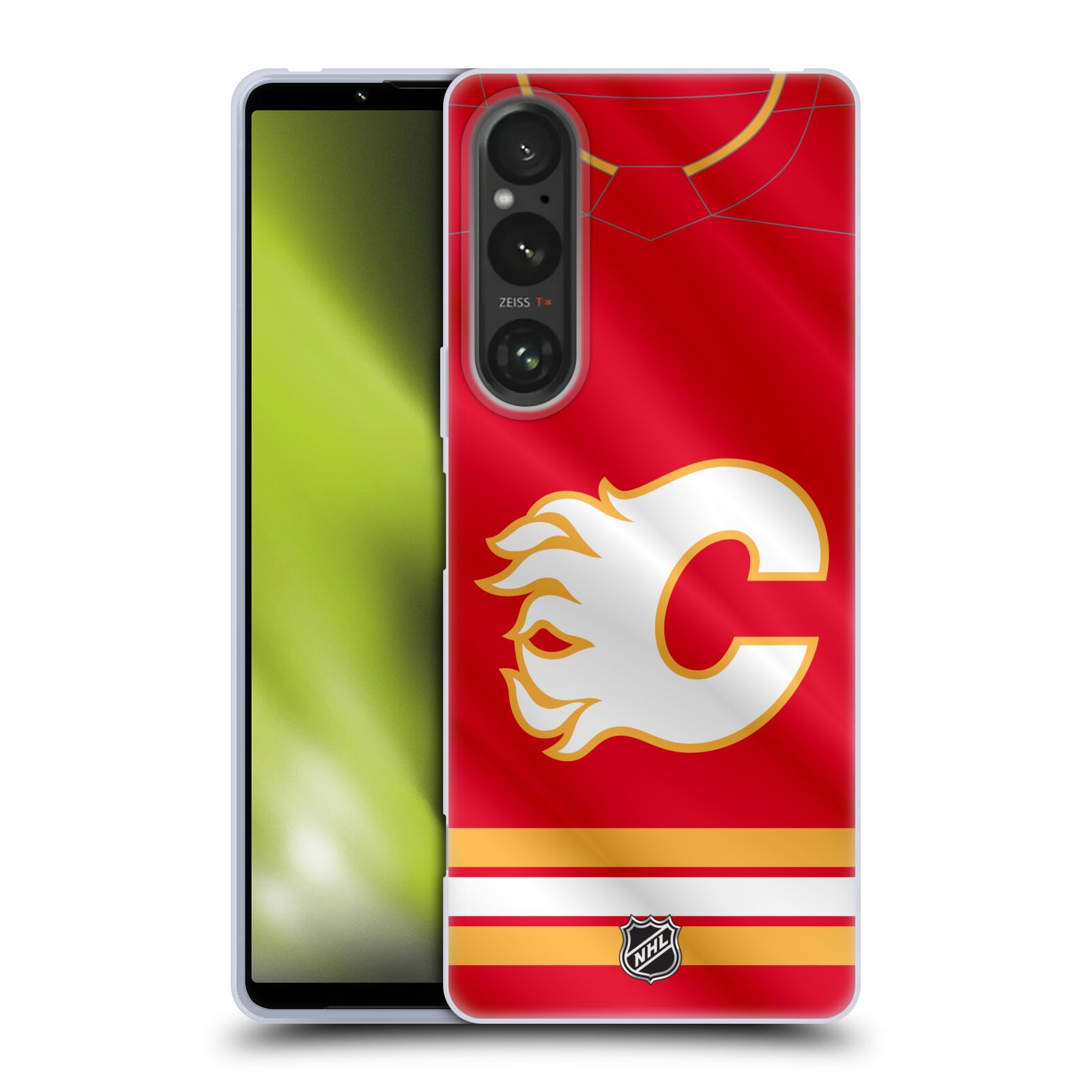 Silikonové pouzdro na mobil Sony Xperia 1 V - NHL - Dres Calgary Flames (Silikonový kryt, obal, pouzdro na mobilní telefon Sony Xperia 1 V s licencovaným motivem NHL - Dres Calgary Flames)