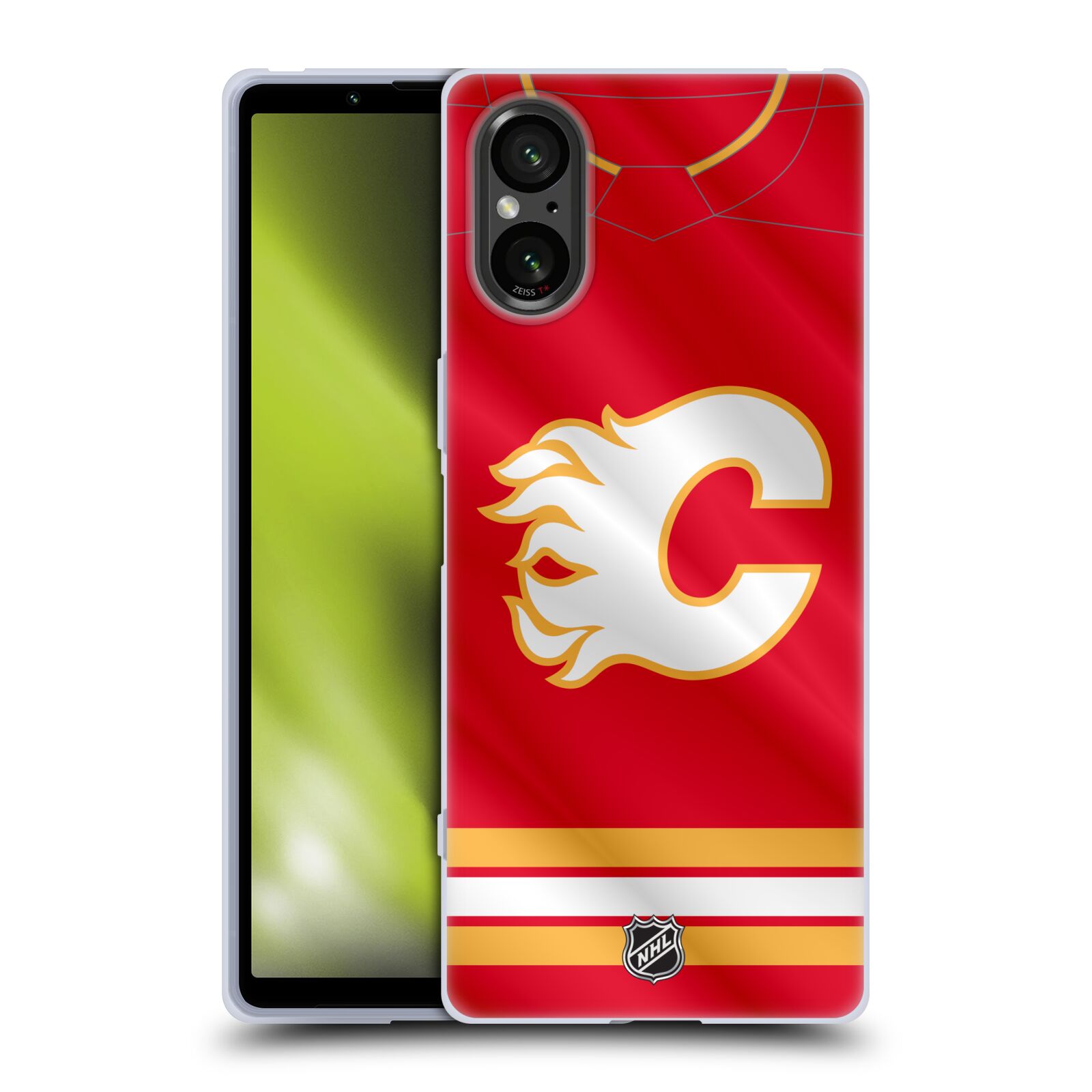 Silikonové pouzdro - Sony Xperia 5 V - NHL - Dres Calgary Flames (Silikonový kryt, obal, pouzdro na mobilní telefon Sony Xperia 5 V s licencovaným motivem NHL - Dres Calgary Flames)