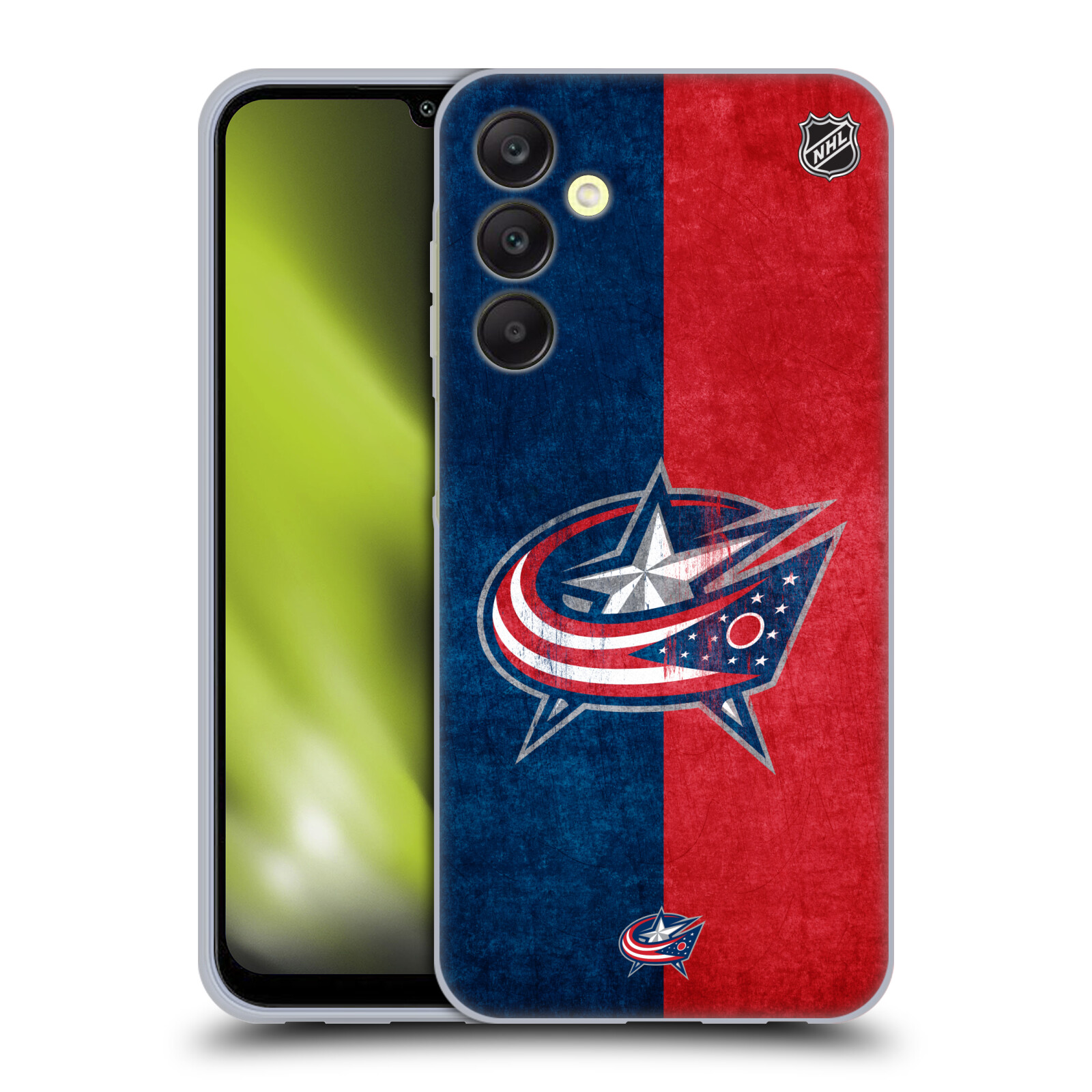 Silikonové pouzdro na mobil Samsung Galaxy A25 5G - NHL - Půlené logo Columbus Blue Jackets (Silikonový kryt, obal, pouzdro na mobilní telefon Samsung Galaxy A25 5G s licencovaným motivem NHL - Půlené logo Columbus Blue Jackets)