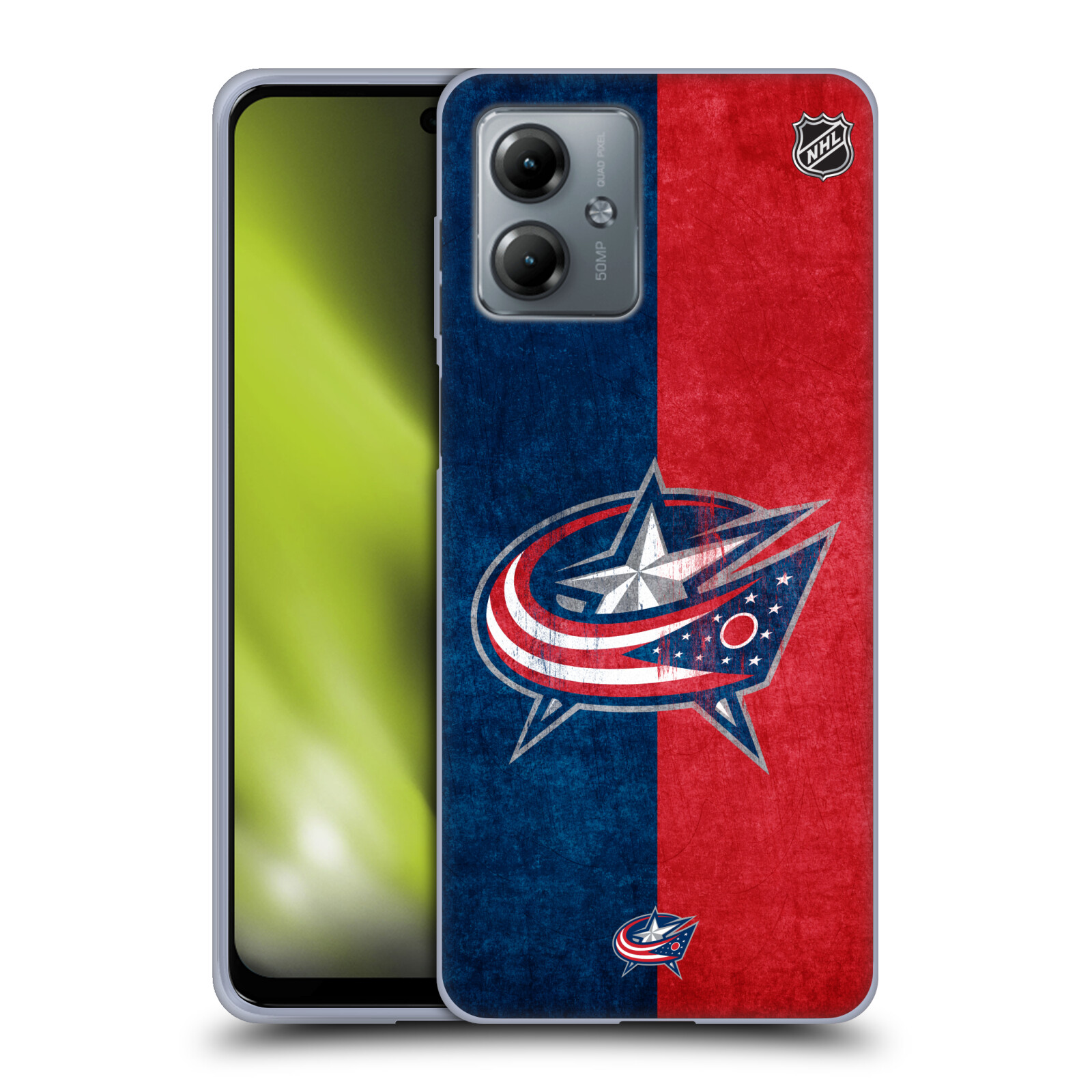 Silikonové pouzdro na mobil Motorola Moto G14 - NHL - Půlené logo Columbus Blue Jackets (Silikonový kryt, obal, pouzdro na mobilní telefon Motorola Moto G14 s licencovaným motivem NHL - Půlené logo Columbus Blue Jackets)