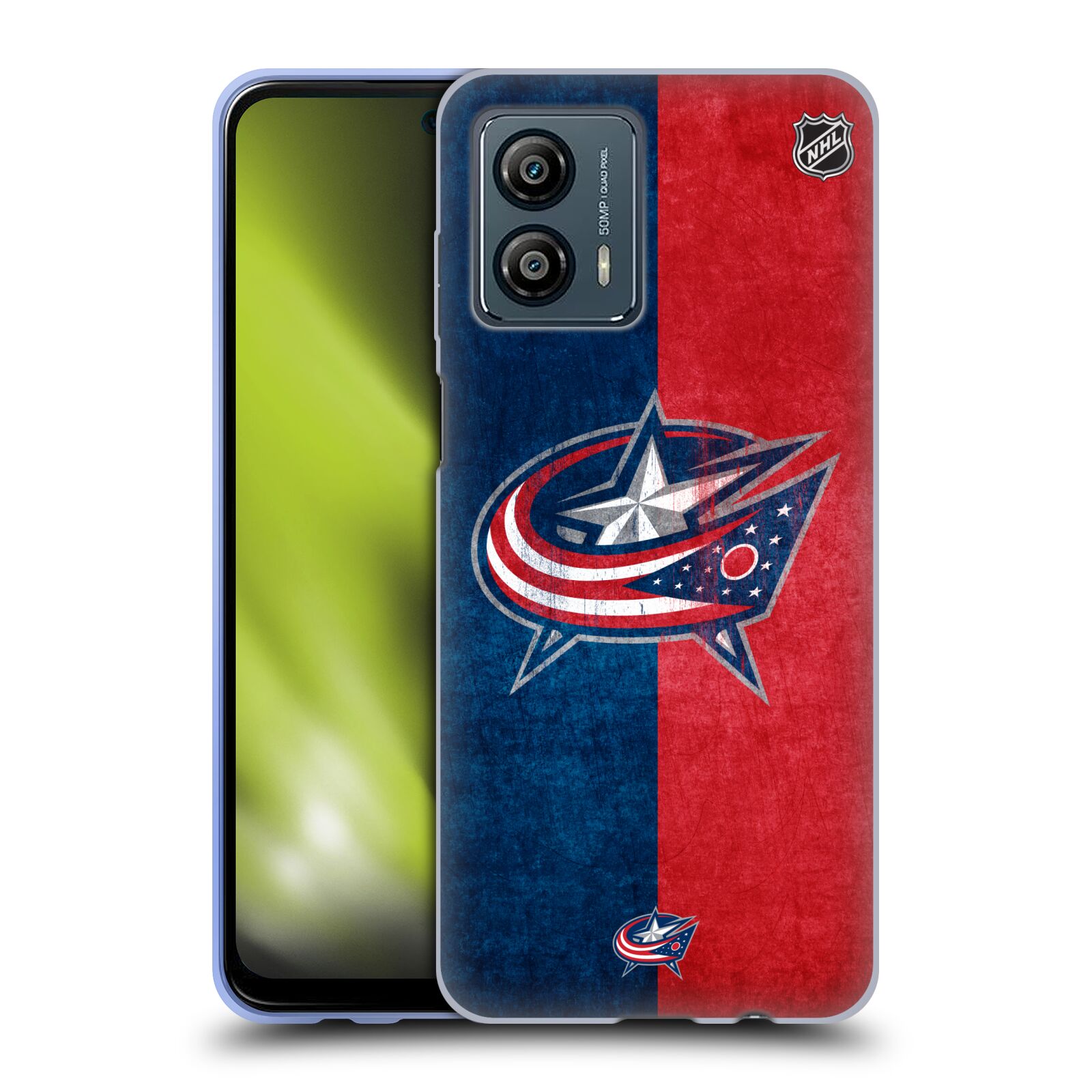 Silikonové pouzdro na mobil Motorola Moto G53 5G - NHL - Půlené logo Columbus Blue Jackets (Silikonový kryt, obal, pouzdro na mobilní telefon Motorola Moto G53 5G s licencovaným motivem NHL - Půlené logo Columbus Blue Jackets)