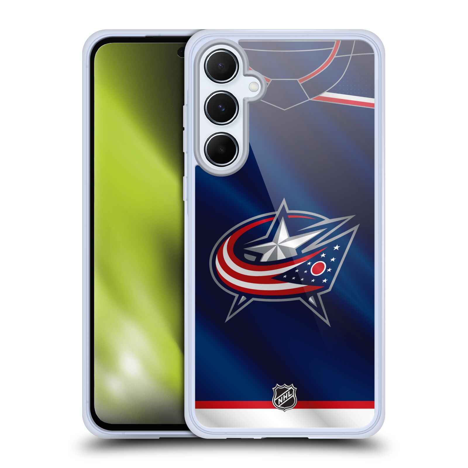 Silikonové lesklé pouzdro na mobil Samsung Galaxy A55 5G - NHL - Dres Columbus Blue Jackets (Lesklý silikonový kryt, obal, pouzdro na mobilní telefon Samsung Galaxy A55 5G s licencovaným motivem NHL - Dres Columbus Blue Jackets)