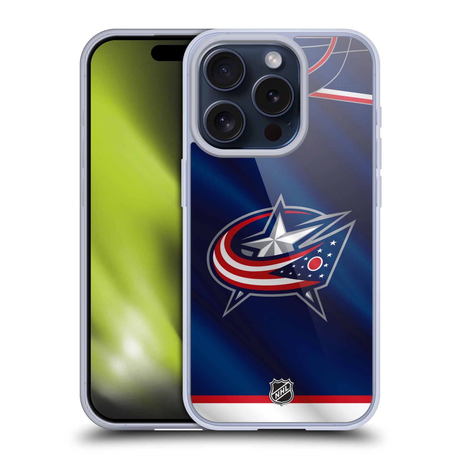 Silikonové lesklé pouzdro na mobil Apple iPhone 15 Pro - NHL - Dres Columbus Blue Jackets (Silikonový lesklý kryt, obal, pouzdro na mobilní telefon Apple iPhone 15 Pro s licencovaným motivem NHL - Dres Columbus Blue Jackets)