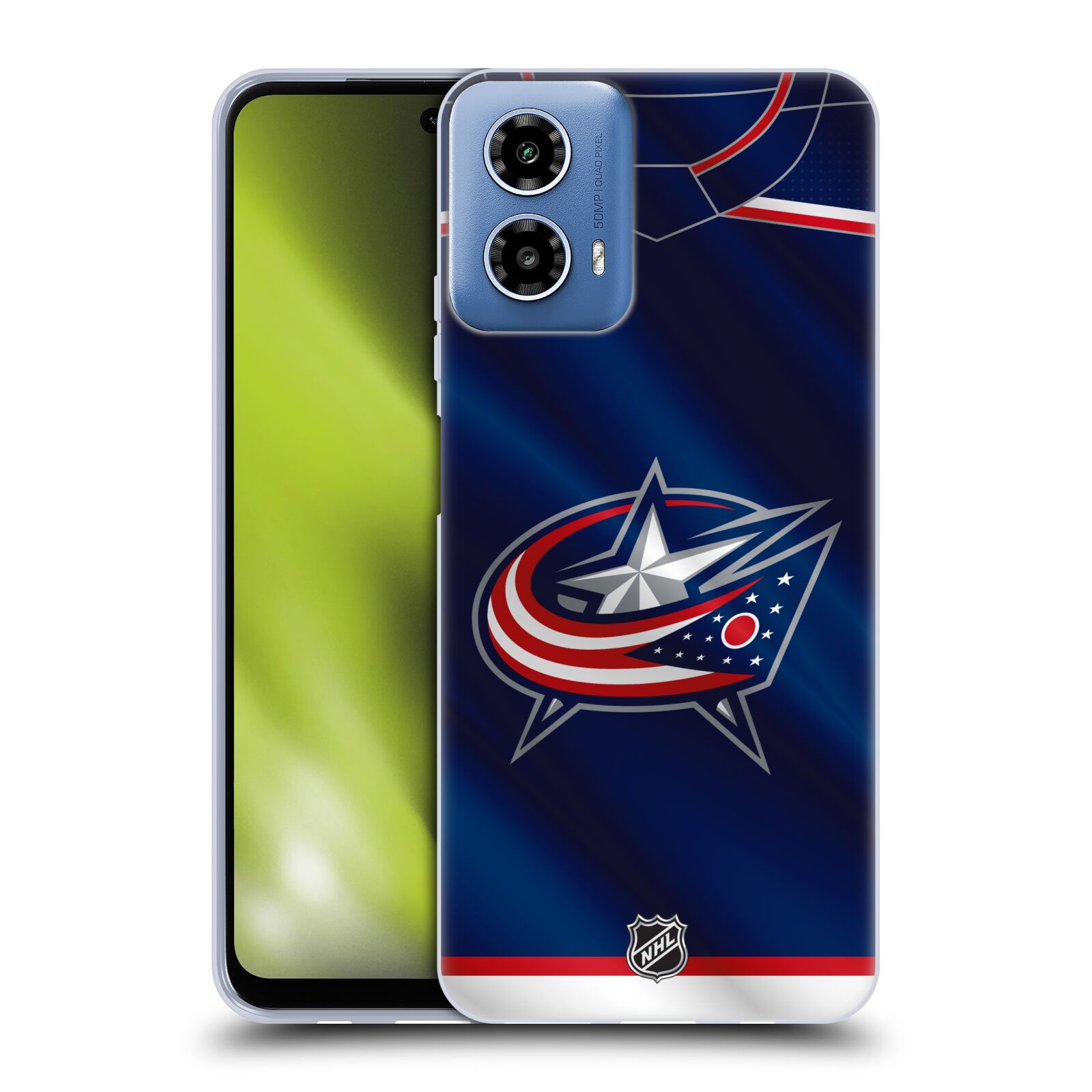 Silikonové pouzdro na mobil Motorola Moto G34 5G - NHL - Dres Columbus Blue Jackets (Silikonový kryt, obal, pouzdro na mobilní telefon Motorola Moto G34 5G s licencovaným motivem NHL - Dres Columbus Blue Jackets)