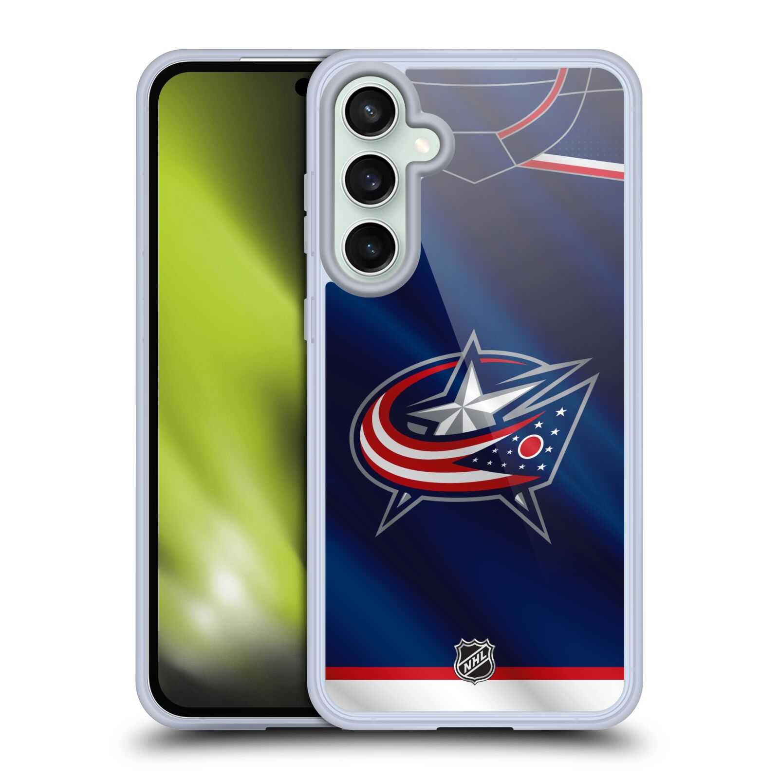 Silikonové lesklé pouzdro na mobil Samsung Galaxy S23 FE - NHL - Dres Columbus Blue Jackets (Lesklý silikonový kryt, obal, pouzdro na mobilní telefon Samsung Galaxy S23 FEs licencovaným motivem NHL - Dres Columbus Blue Jackets)