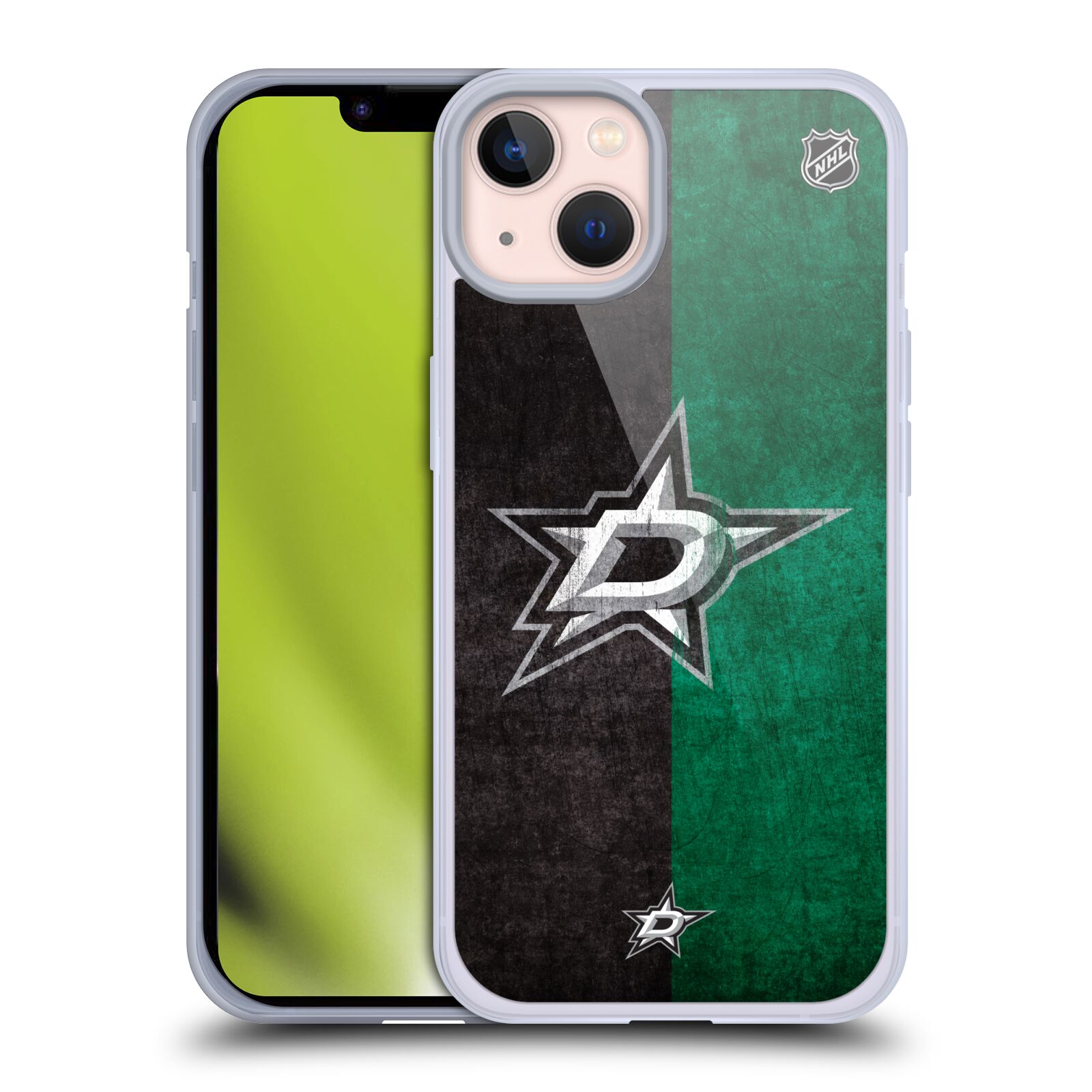 Silikonové pouzdro na mobil Apple iPhone 13 - NHL - Půlené logo Dallas Stars (Silikonový kryt, obal, pouzdro na mobilní telefon Apple iPhone 13 s licencovaným motivem NHL - Půlené logo Dallas Stars)