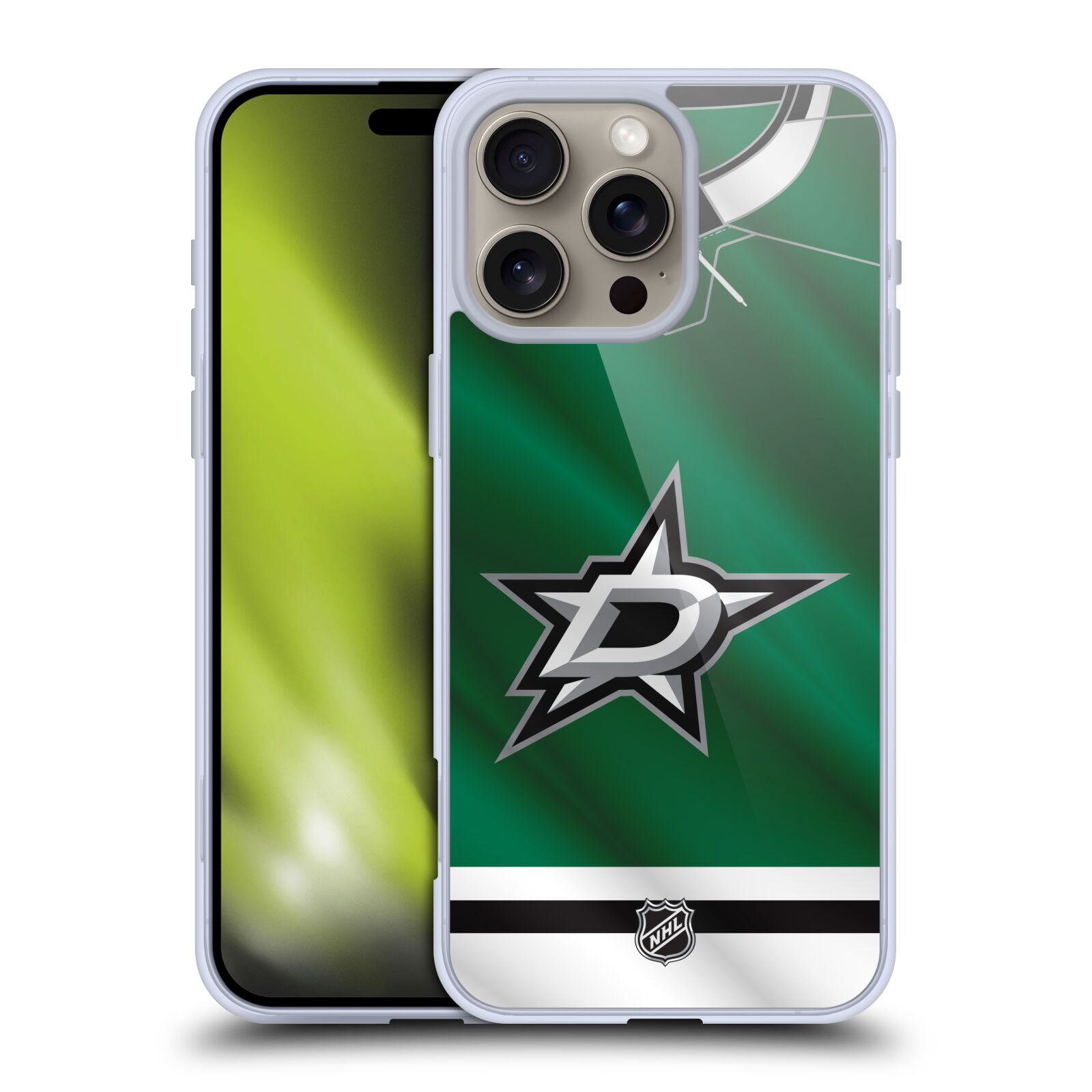 Silikonové lesklé pouzdro Apple iPhone 16 Pro Max - NHL - Dres Dallas Stars (Lesklý silikonový kryt, obal, pouzdro na mobilní telefon Apple iPhone 16 Pro Max s licencovaným motivem NHL - Dres Dallas Stars)