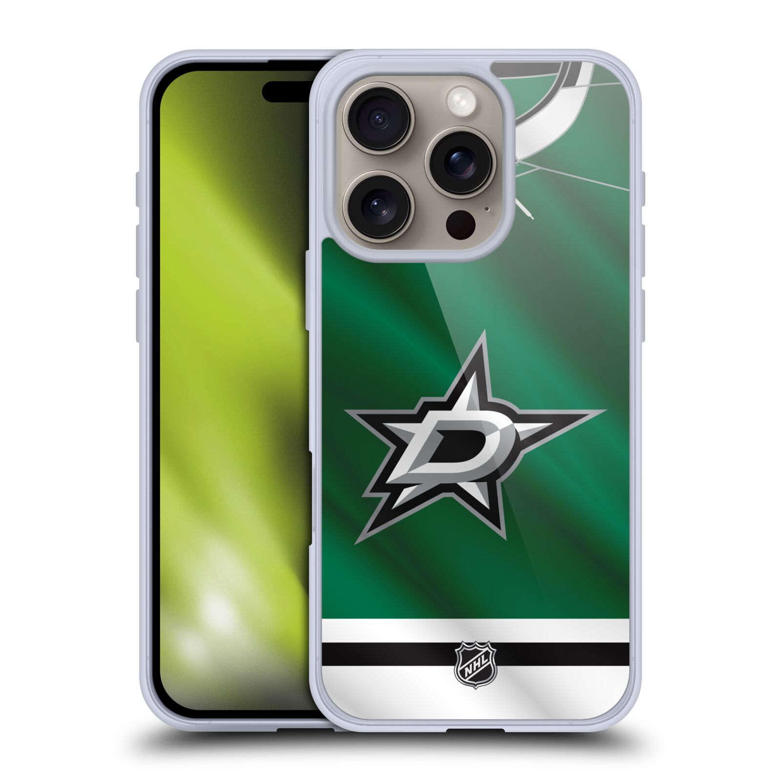 Silikonové lesklé pouzdro Apple iPhone 16 Pro - NHL - Dres Dallas Stars (Lesklý silikonový kryt, obal, pouzdro na mobilní telefon Apple iPhone 16 Pro s licencovaným motivem NHL - Dres Dallas Stars)