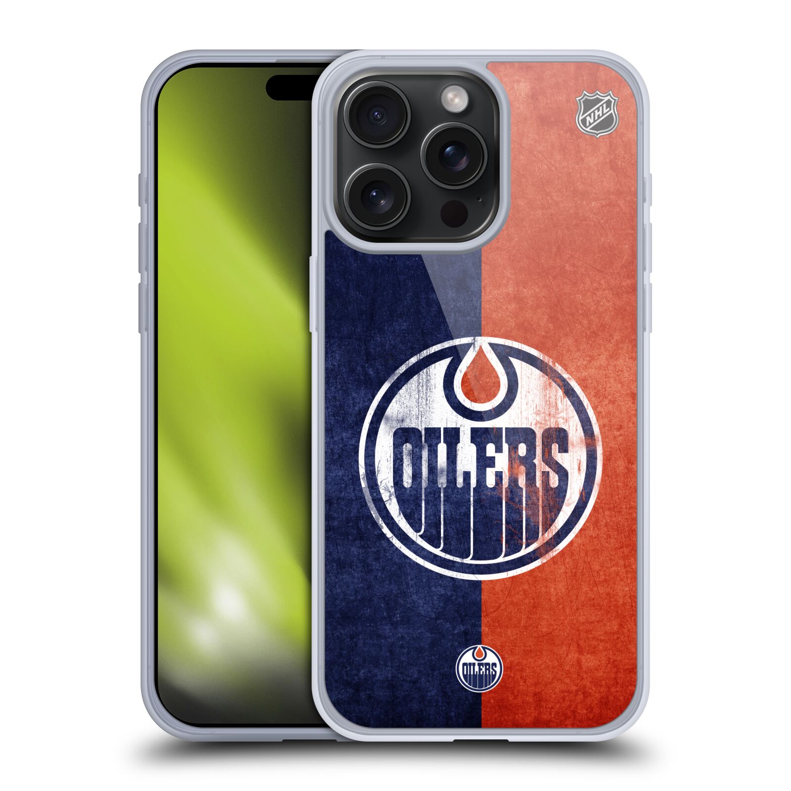 Silikonové lesklé pouzdro na mobil Apple iPhone 15 Pro Max - NHL - Půlené logo Edmonton Oilers (Silikonový lesklý kryt, obal, pouzdro na mobilní telefon Apple iPhone 15 Pro Max s licencovaným motivem NHL - Půlené logo Edmonton Oilers)