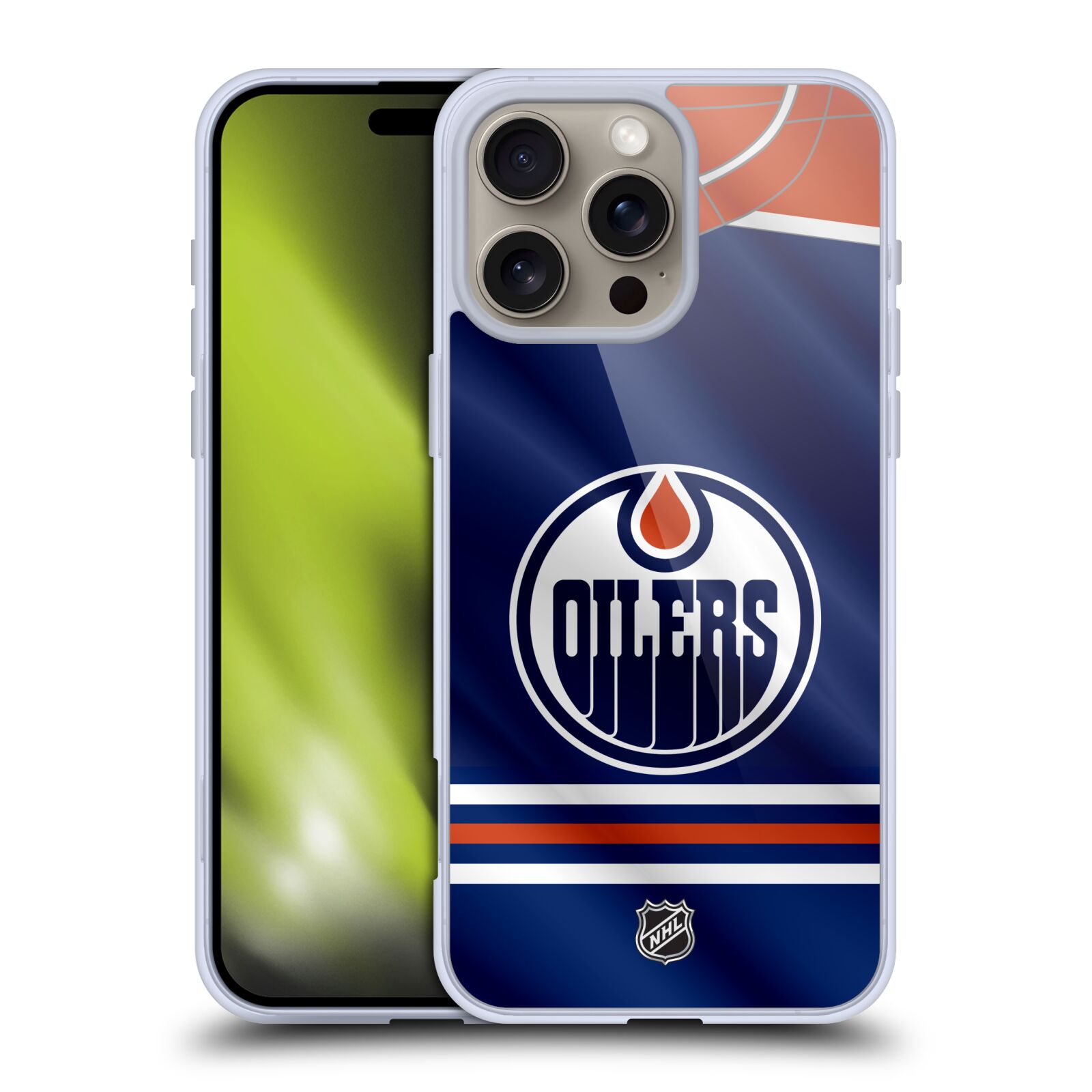 Silikonové lesklé pouzdro Apple iPhone 16 Pro Max - NHL - Dres Edmonton Oilers (Lesklý silikonový kryt, obal, pouzdro na mobilní telefon Apple iPhone 16 Pro Max s licencovaným motivem NHL - Dres Edmonton Oilers)