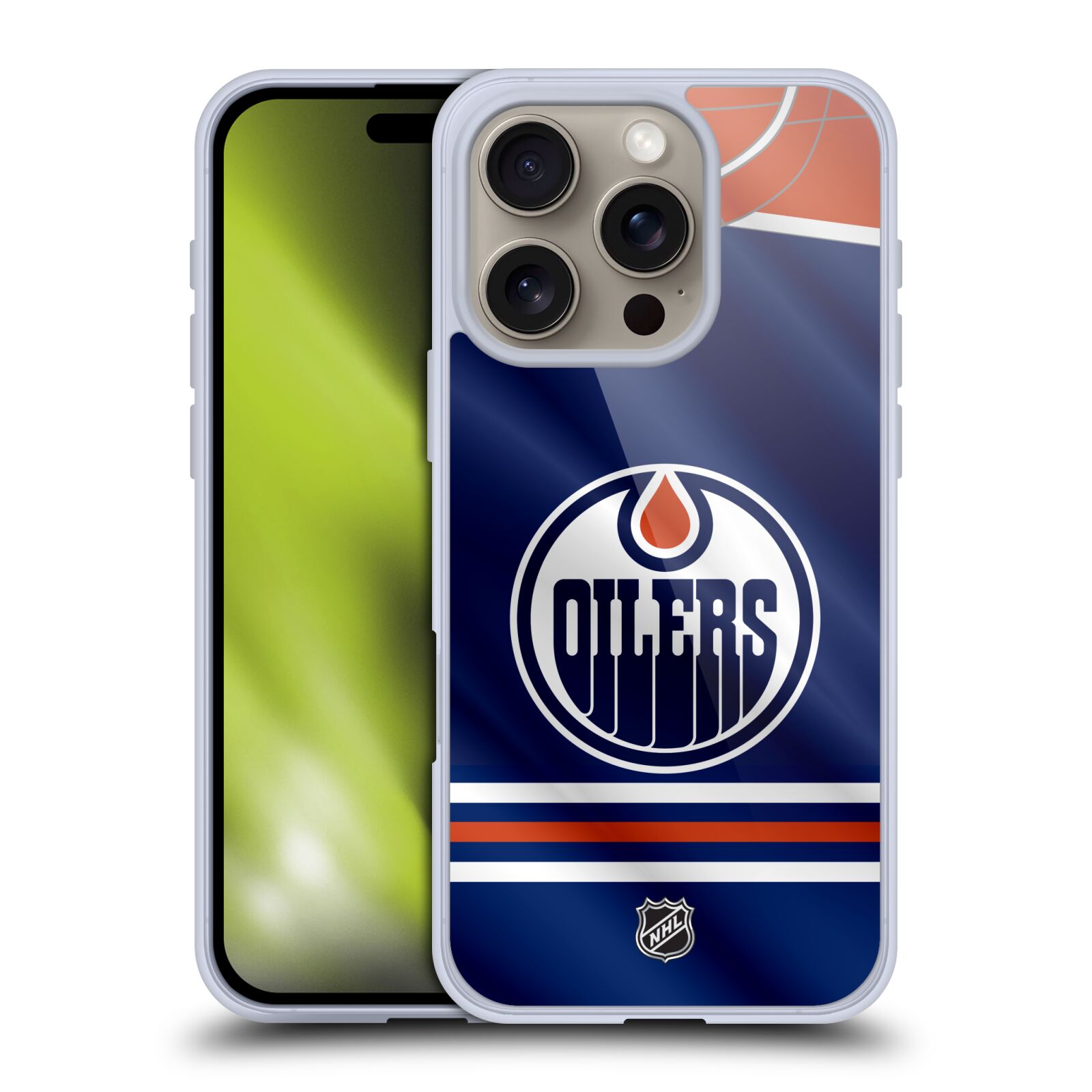 Silikonové lesklé pouzdro Apple iPhone 16 Pro - NHL - Dres Edmonton Oilers (Lesklý silikonový kryt, obal, pouzdro na mobilní telefon Apple iPhone 16 Pro s licencovaným motivem NHL - Dres Edmonton Oilers)