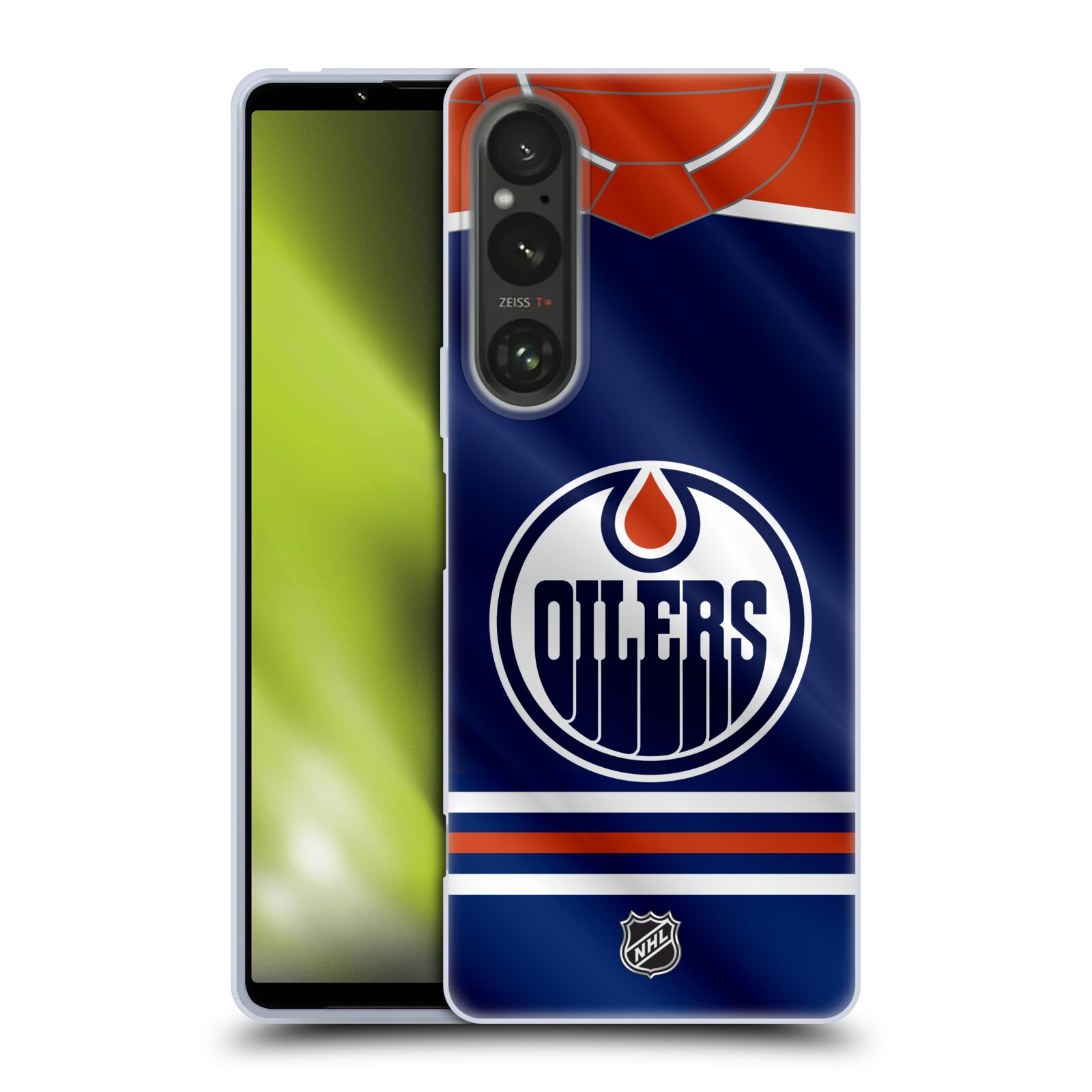 Silikonové pouzdro na mobil Sony Xperia 1 V - NHL - Dres Edmonton Oilers (Silikonový kryt, obal, pouzdro na mobilní telefon Sony Xperia 1 V s licencovaným motivem NHL - Dres Edmonton Oilers)