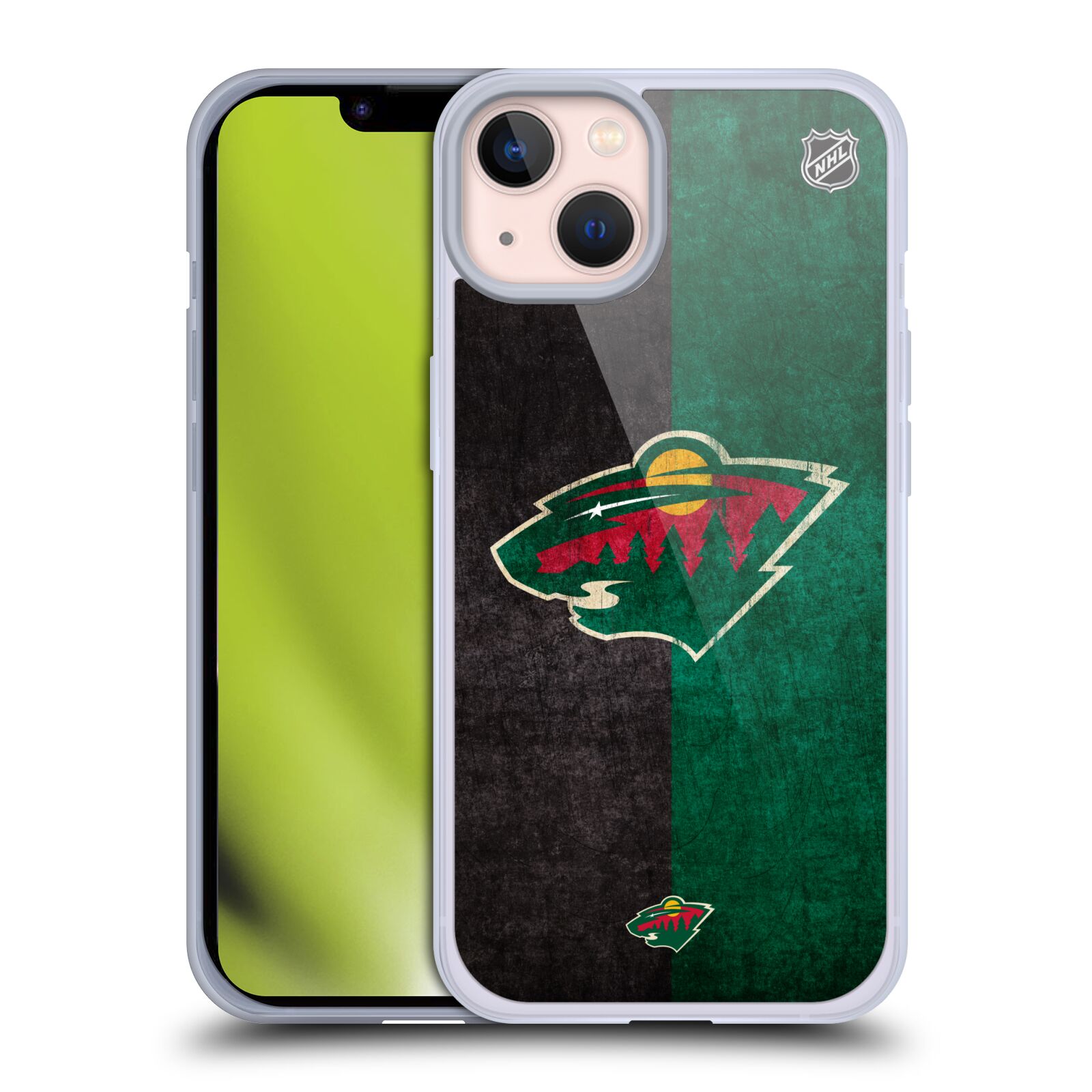 Silikonové pouzdro na mobil Apple iPhone 13 - NHL - Půlené logo Minnesota Wild (Silikonový kryt, obal, pouzdro na mobilní telefon Apple iPhone 13 s licencovaným motivem NHL - Půlené logo Minnesota Wild)