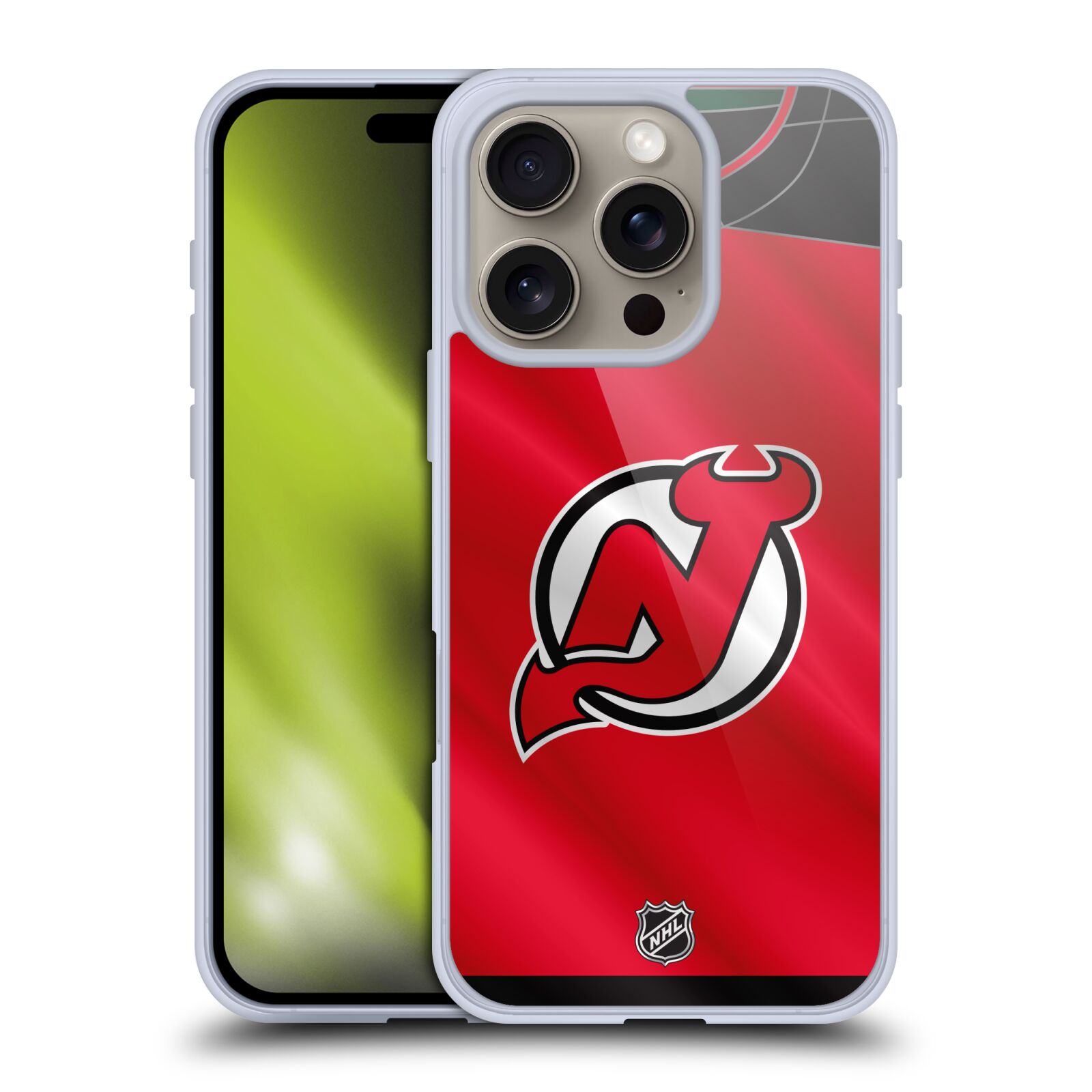 Silikonové lesklé pouzdro Apple iPhone 16 Pro - NHL - Dres New Jersey Devils (Lesklý silikonový kryt, obal, pouzdro na mobilní telefon Apple iPhone 16 Pro s licencovaným motivem NHL - Dres New Jersey Devils)