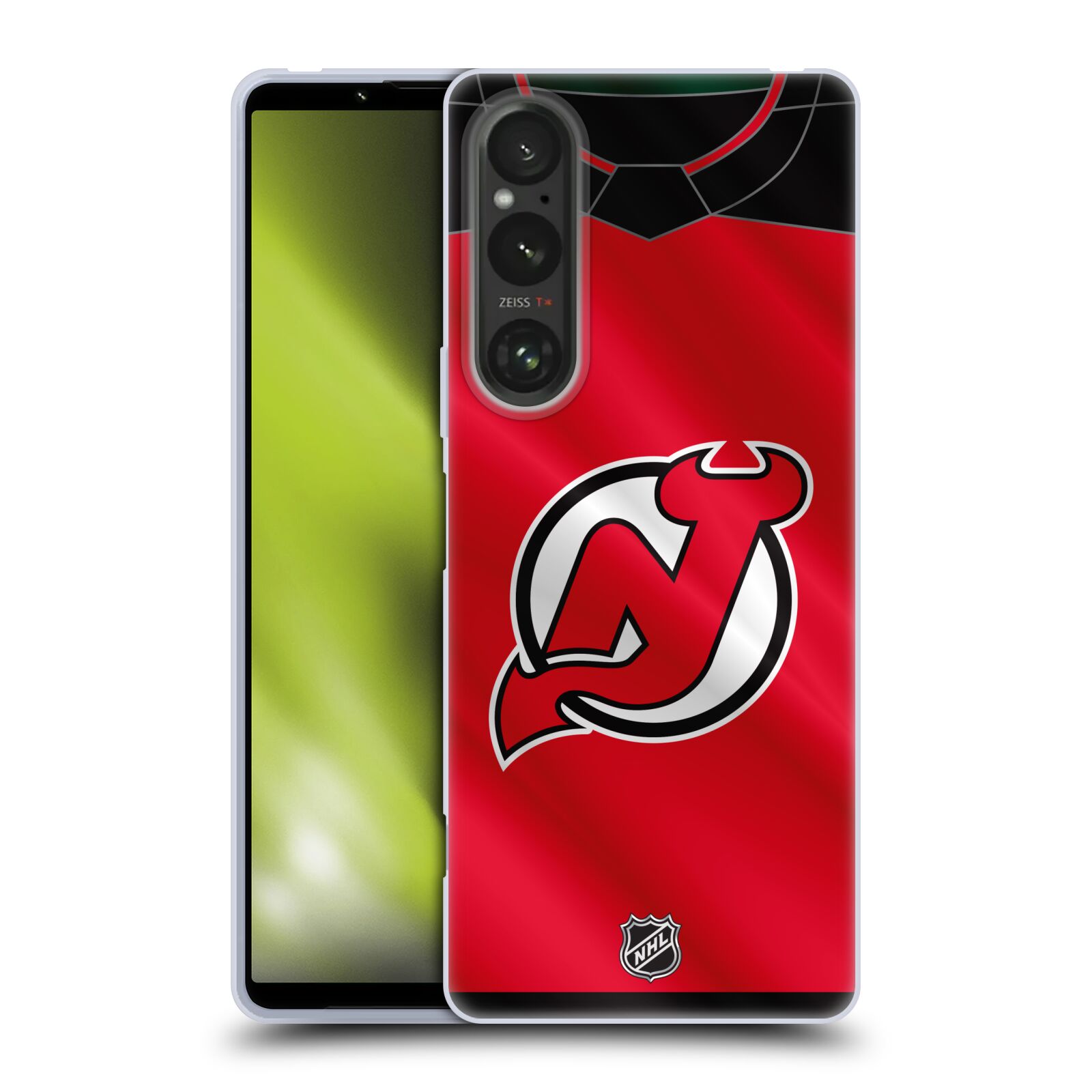 Silikonové pouzdro - Sony Xperia 1 V - NHL - Dres New Jersey Devils (Silikonový kryt, obal, pouzdro na mobilní telefon Sony Xperia 1 V s licencovaným motivem NHL - Dres New Jersey Devils)