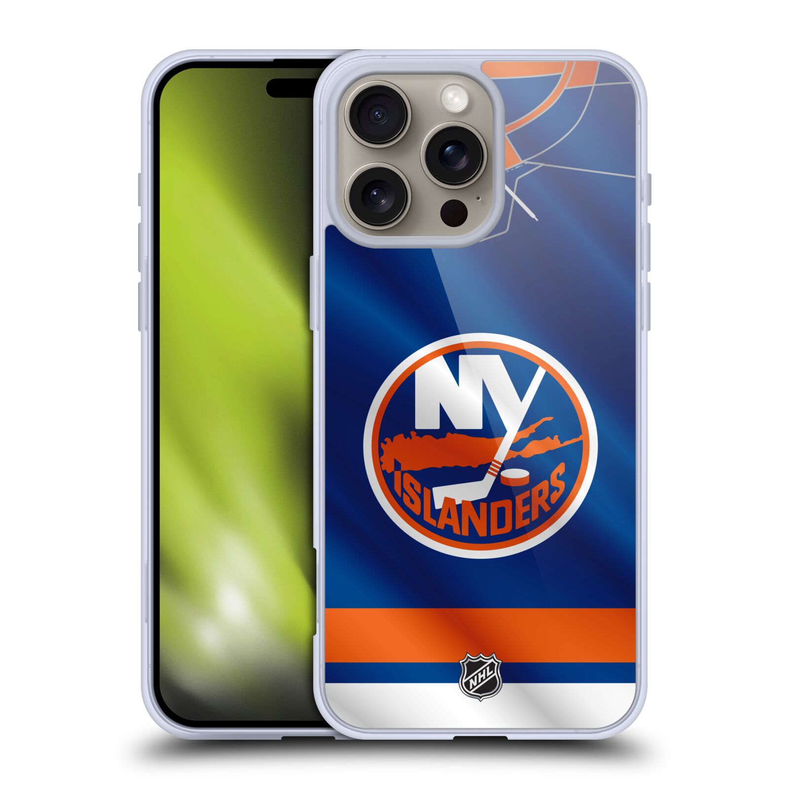 Silikonové lesklé pouzdro Apple iPhone 16 Pro Max - NHL - Dres New York Islanders (Lesklý silikonový kryt, obal, pouzdro na mobilní telefon Apple iPhone 16 Pro Max s licencovaným motivem NHL - Dres New York Islanders)