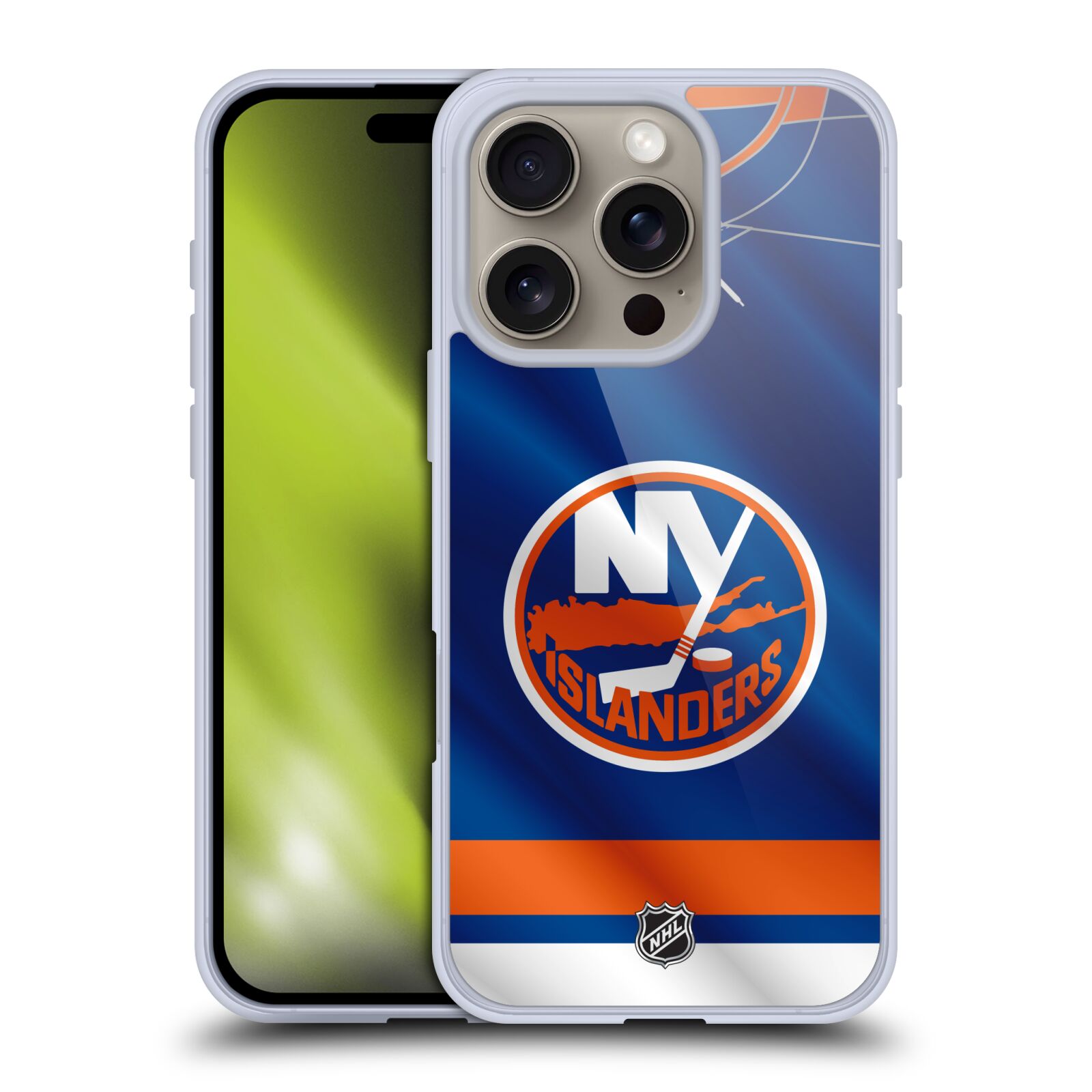 Silikonové lesklé pouzdro Apple iPhone 16 Pro - NHL - Dres New York Islanders (Lesklý silikonový kryt, obal, pouzdro na mobilní telefon Apple iPhone 16 Pro s licencovaným motivem NHL - Dres New York Islanders)