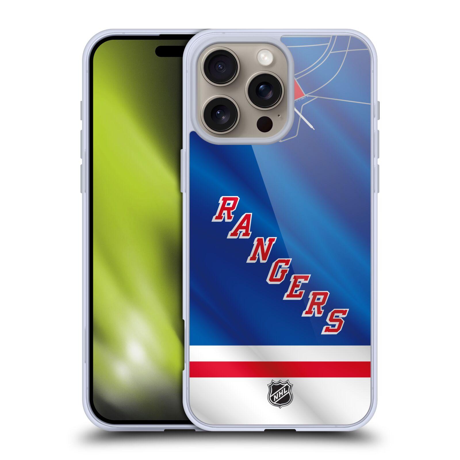 Silikonové lesklé pouzdro Apple iPhone 16 Pro Max - NHL - Dres New York Rangers (Lesklý silikonový kryt, obal, pouzdro na mobilní telefon Apple iPhone 16 Pro Max s licencovaným motivem NHL - Dres New York Rangers)