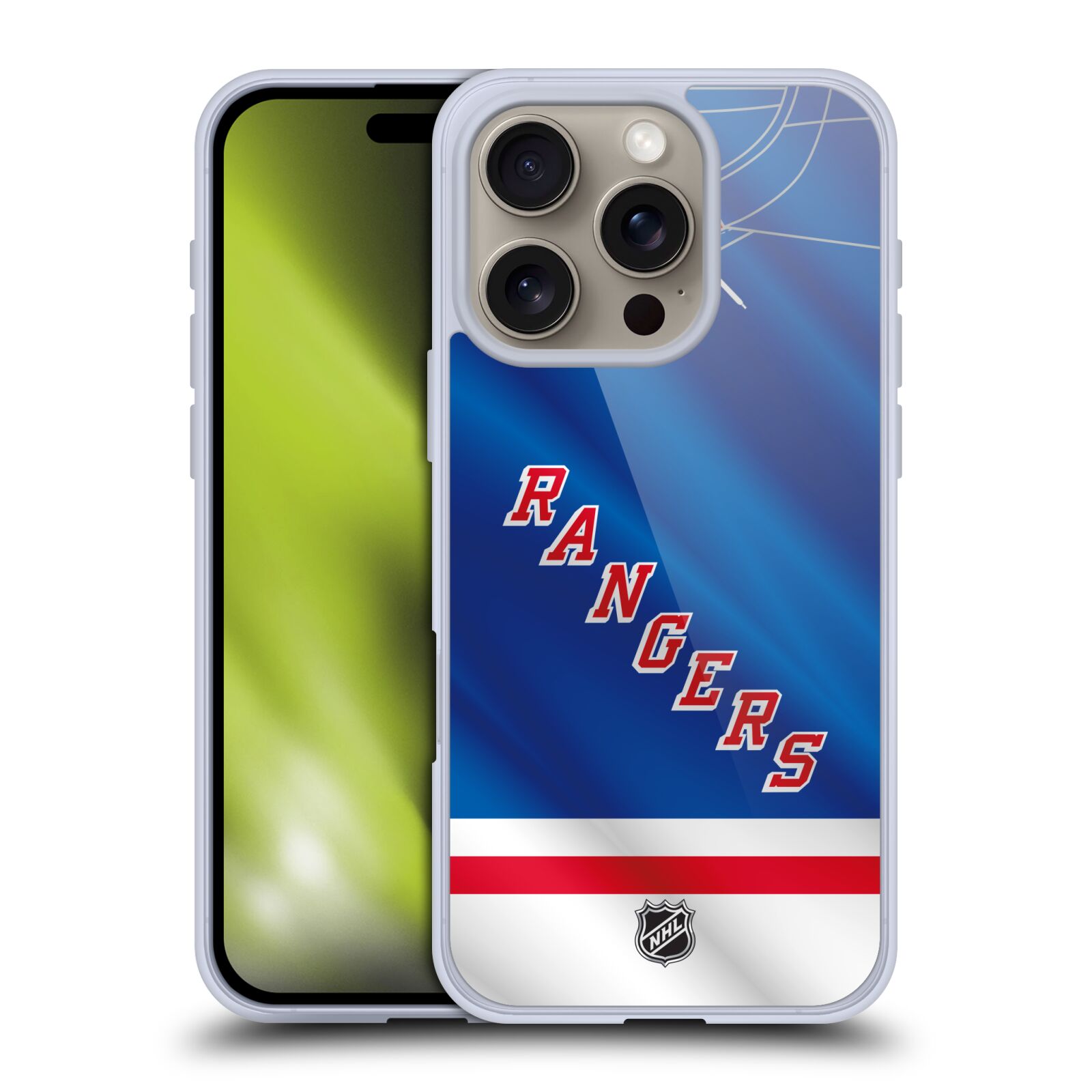 Silikonové lesklé pouzdro Apple iPhone 16 Pro - NHL - Dres New York Rangers (Lesklý silikonový kryt, obal, pouzdro na mobilní telefon Apple iPhone 16 Pro s licencovaným motivem NHL - Dres New York Rangers)