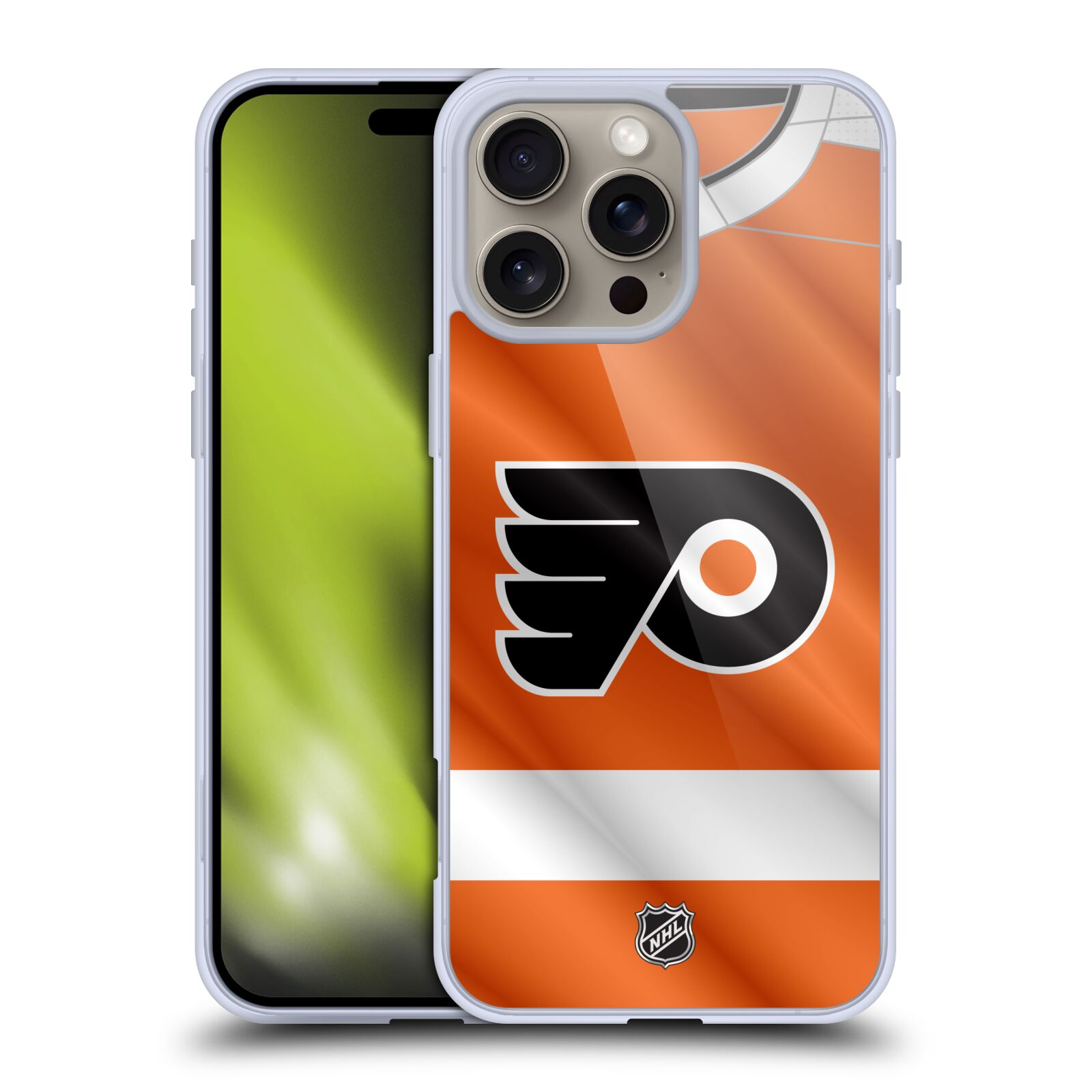 Silikonové lesklé pouzdro Apple iPhone 16 Pro Max - NHL - Dres Philadelphia Flyers (Lesklý silikonový kryt, obal, pouzdro na mobilní telefon Apple iPhone 16 Pro Max s licencovaným motivem NHL - Dres Philadelphia Flyers)