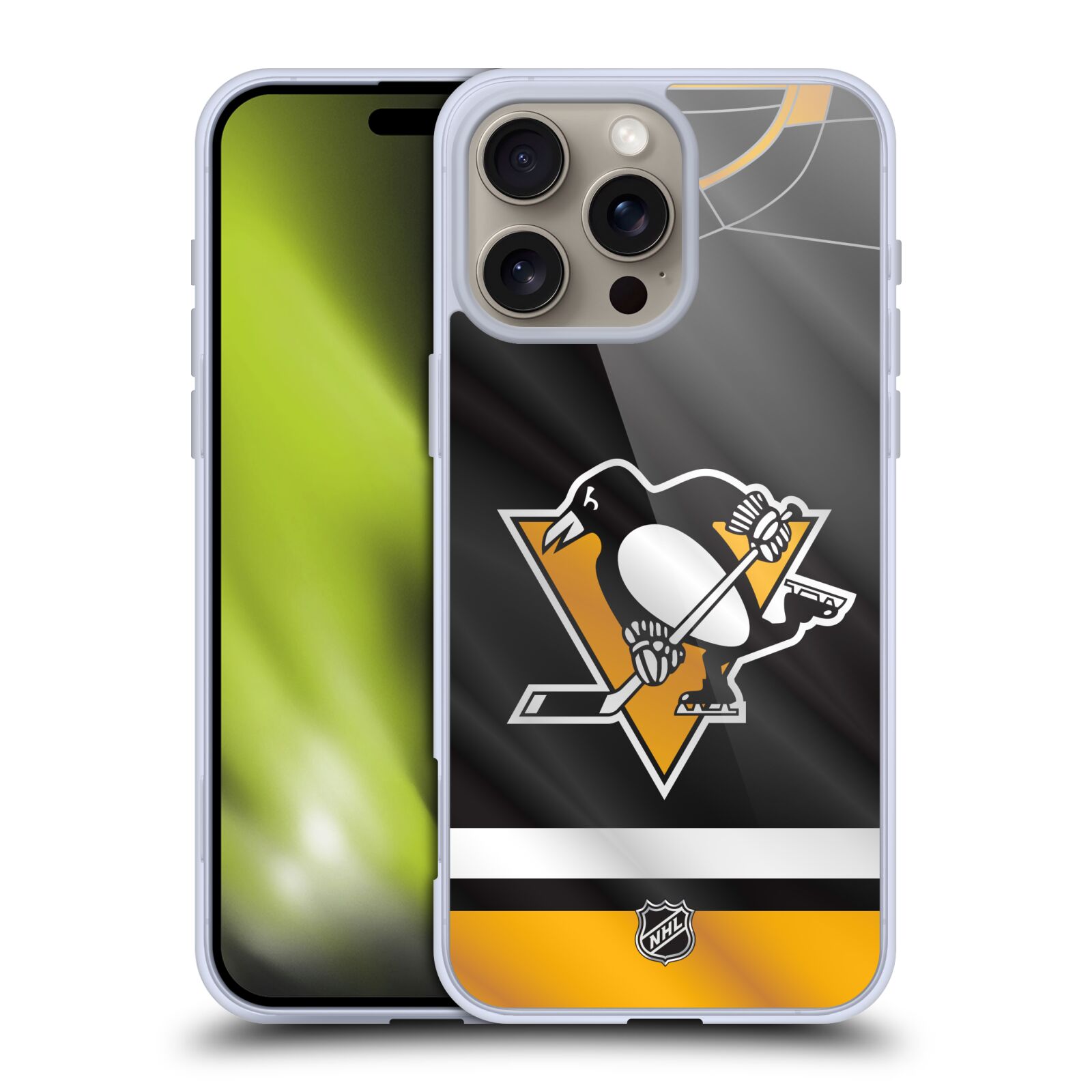 Silikonové lesklé pouzdro Apple iPhone 16 Pro Max - NHL - Dres Pittsburgh Penguins (Lesklý silikonový kryt, obal, pouzdro na mobilní telefon Apple iPhone 16 Pro Max s licencovaným motivem NHL - Dres Pittsburgh Penguins)