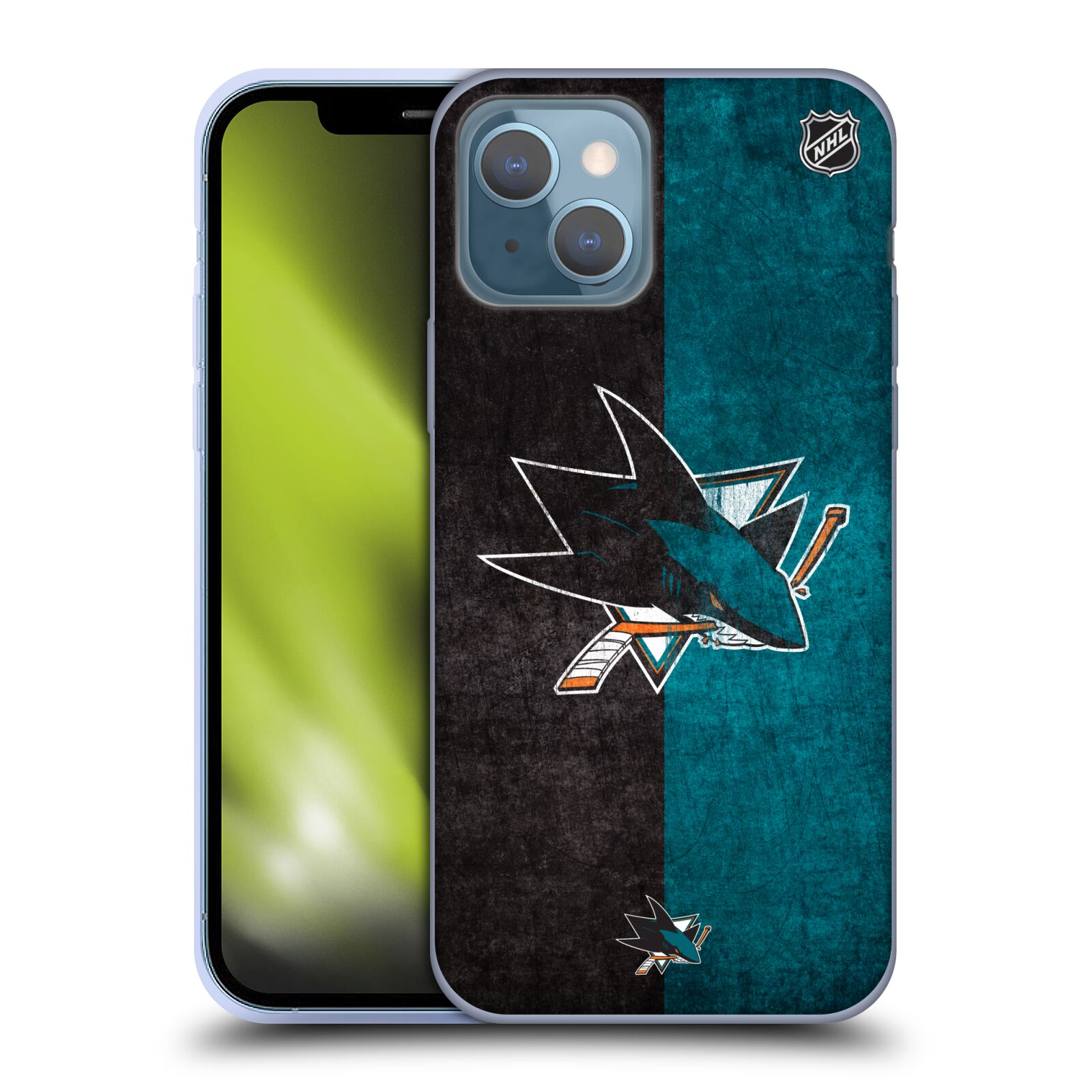 Silikonové pouzdro na mobil Apple iPhone 13 - NHL - Půlené logo San Jose Sharks (Silikonový kryt, obal, pouzdro na mobilní telefon Apple iPhone 13 s licencovaným motivem NHL - Půlené logo San Jose Sharks)
